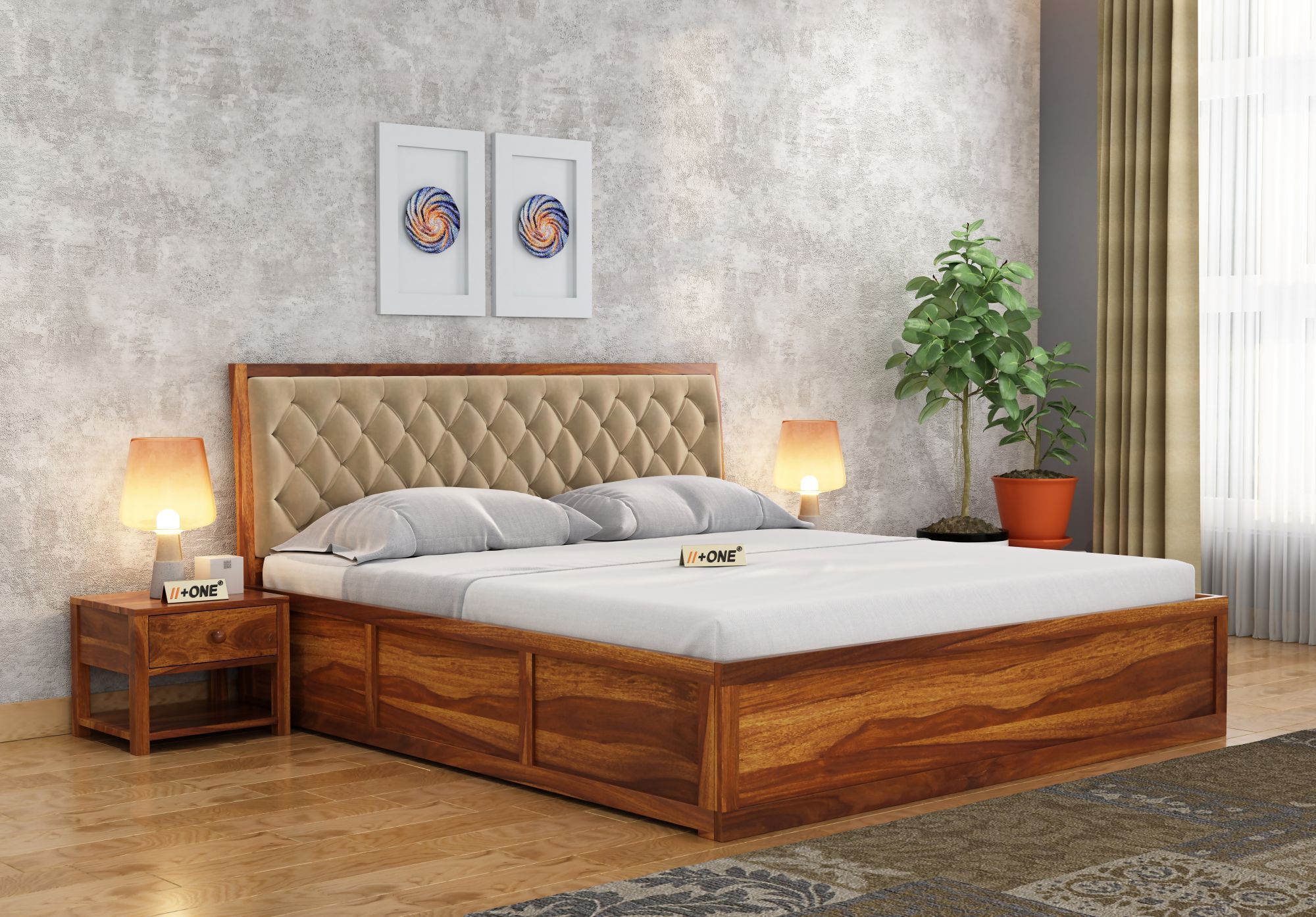 Aria Cushioned Husk Bed With Hydraulic Storage