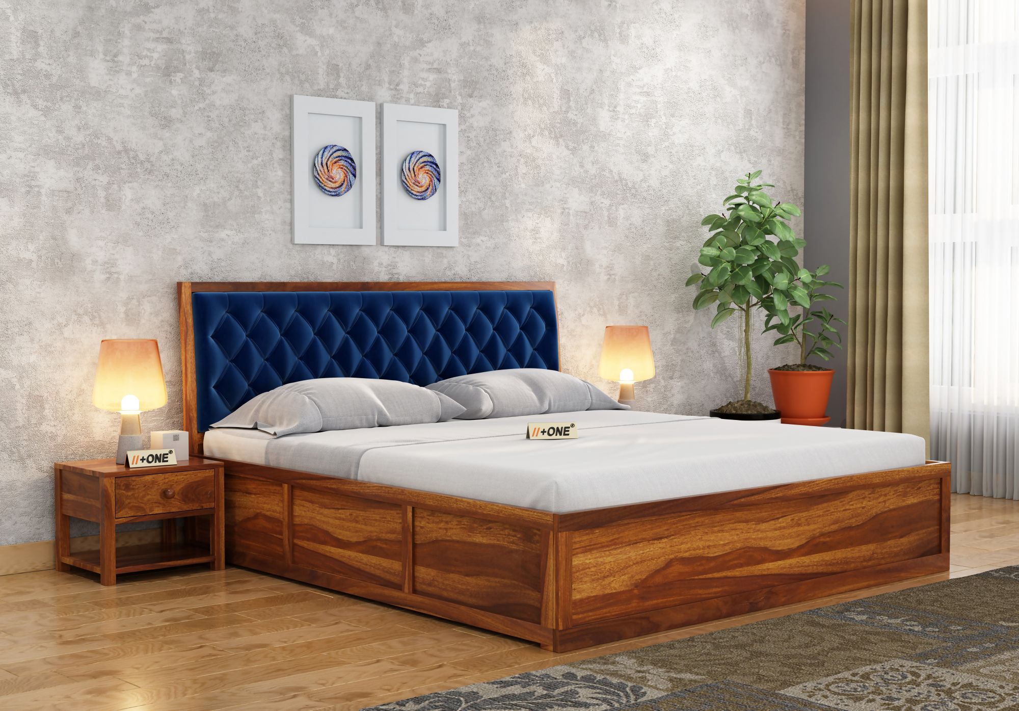 Aria Cushioned Indigo Blue Bed With Hydraulic Storage