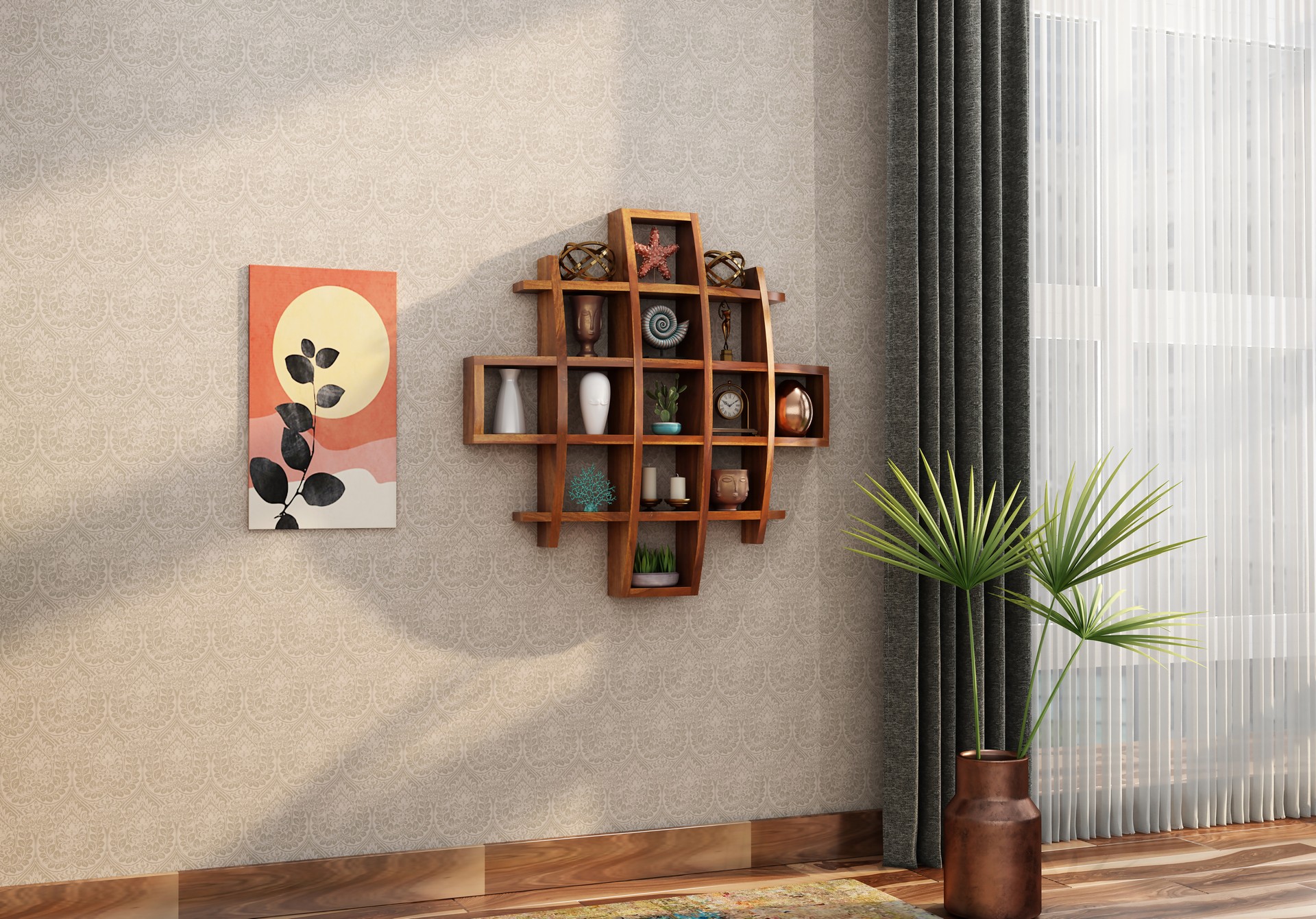 Femo Sheesham Wood Wall Shelves Teak finish