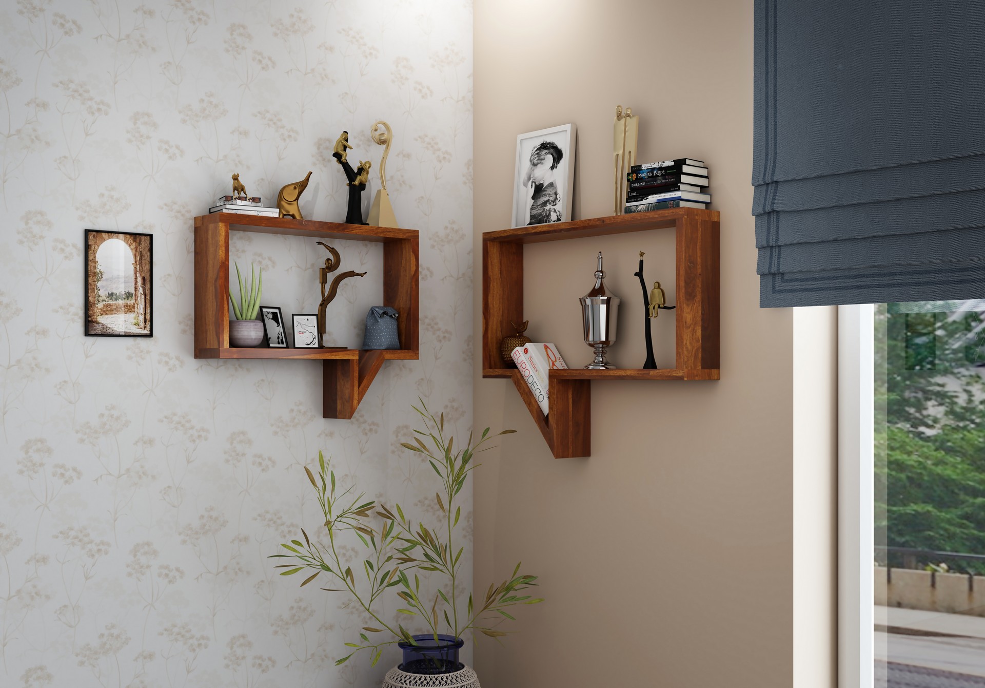 Fogn Sheesham Wood Wall Shelves Teak finish