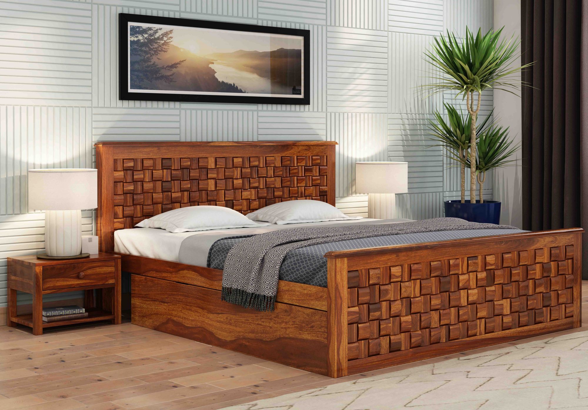 Flamingo Sheesham Wood Bed With Side Drawer