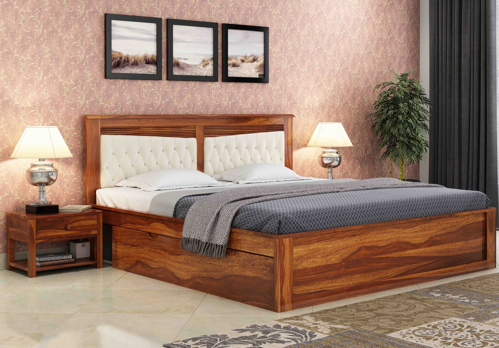 Spanish Sheesham Wood Bed With Side Storage