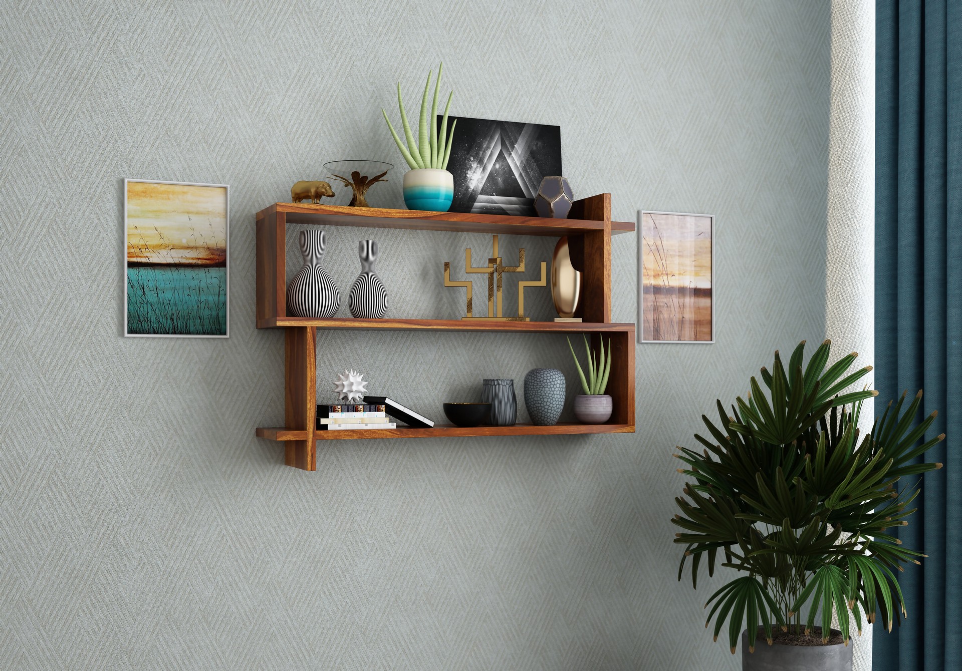Floating Sheesham Wood Wall Shelves Teak finish