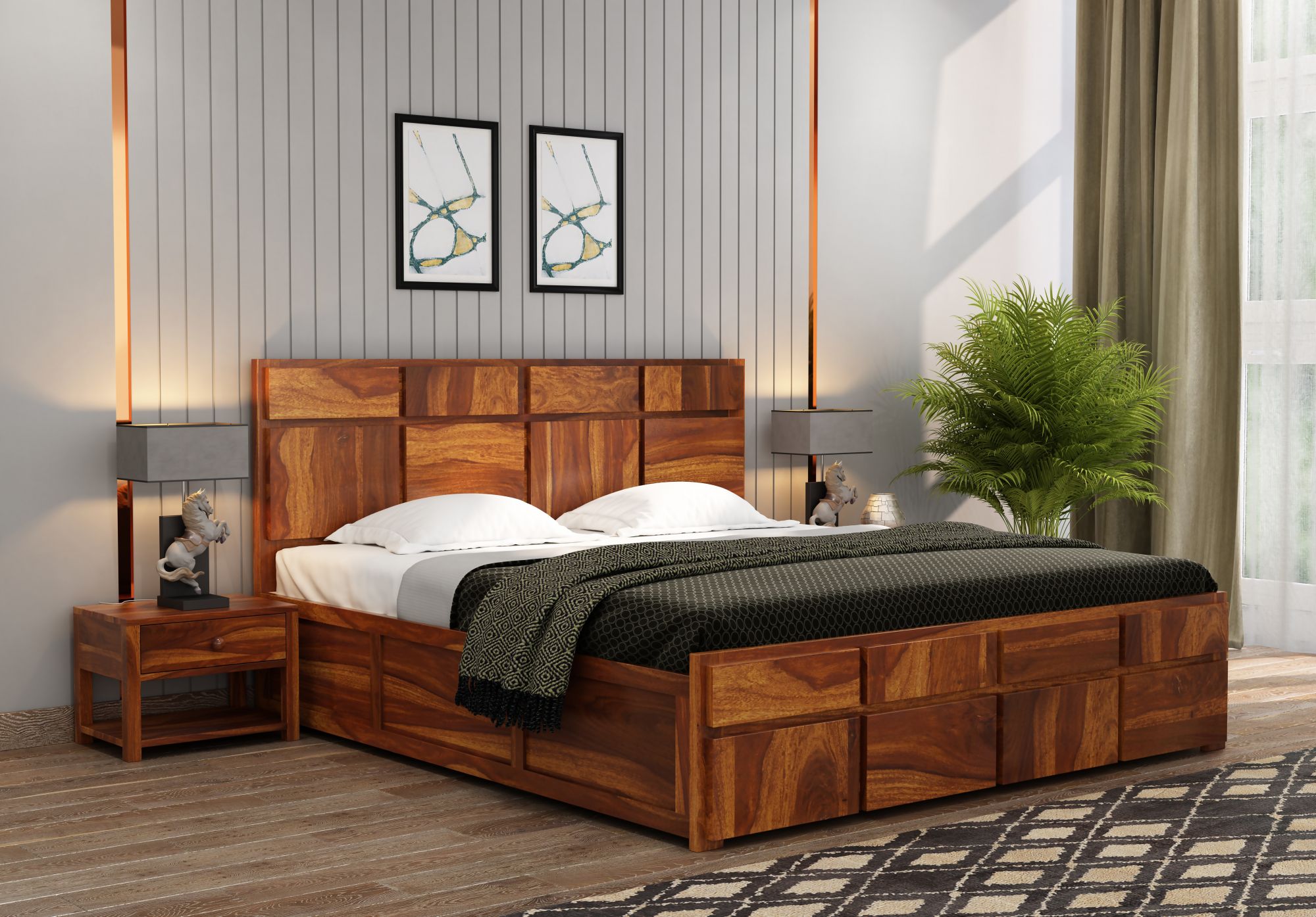 Andrott Bed with Box Storage Queen Size Walnut Finish