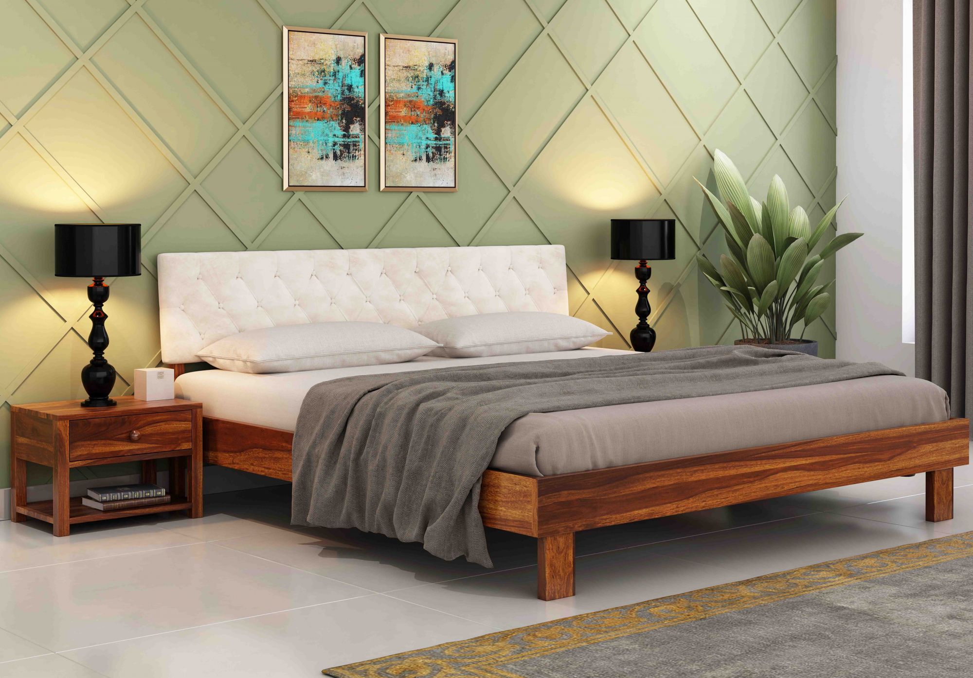 Rota Cream Sheesham Wood Bed Without Storage
