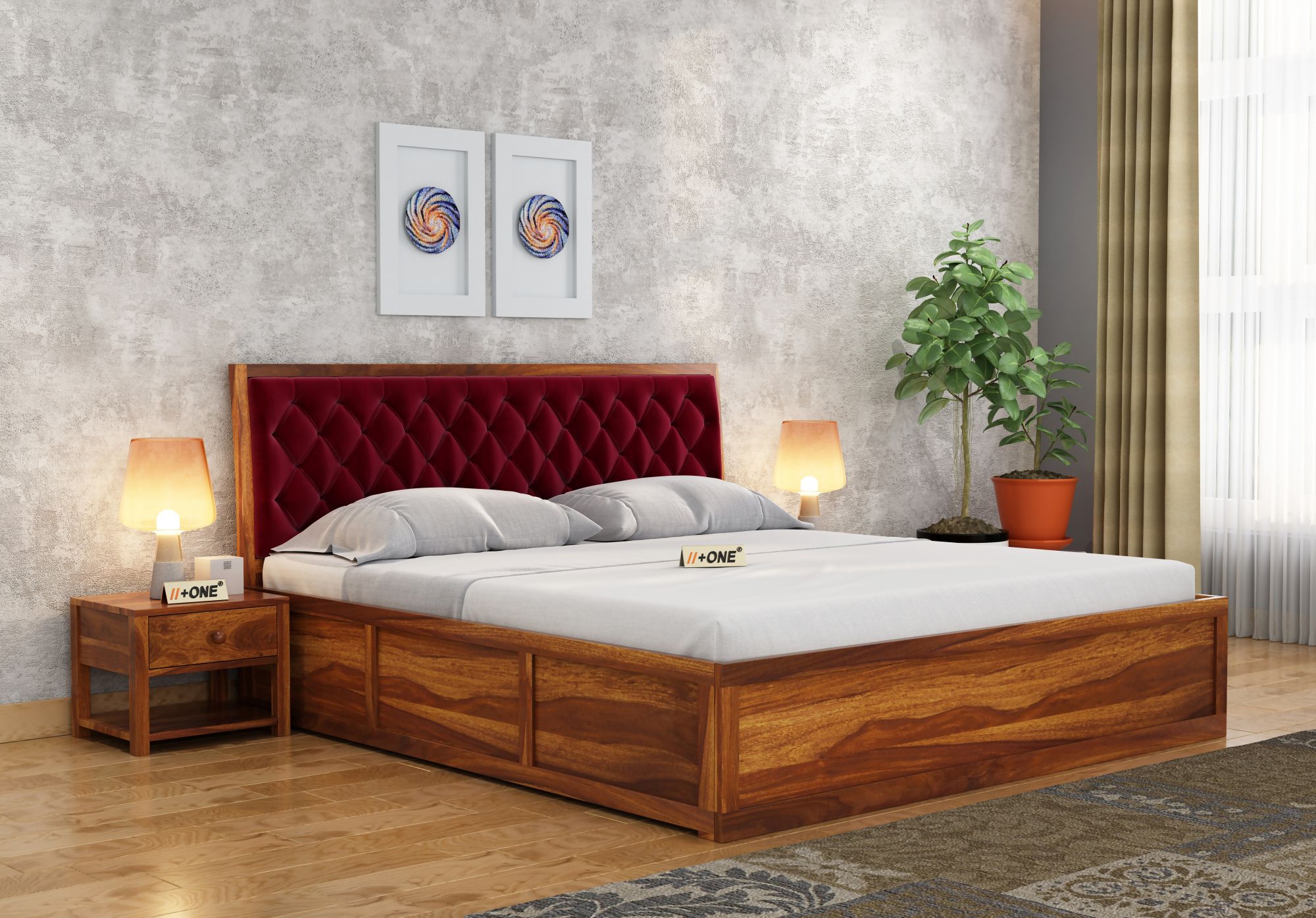 Aria Cushioned Pomegranate Bed With Hydraulic Storage King Size Teak Finish