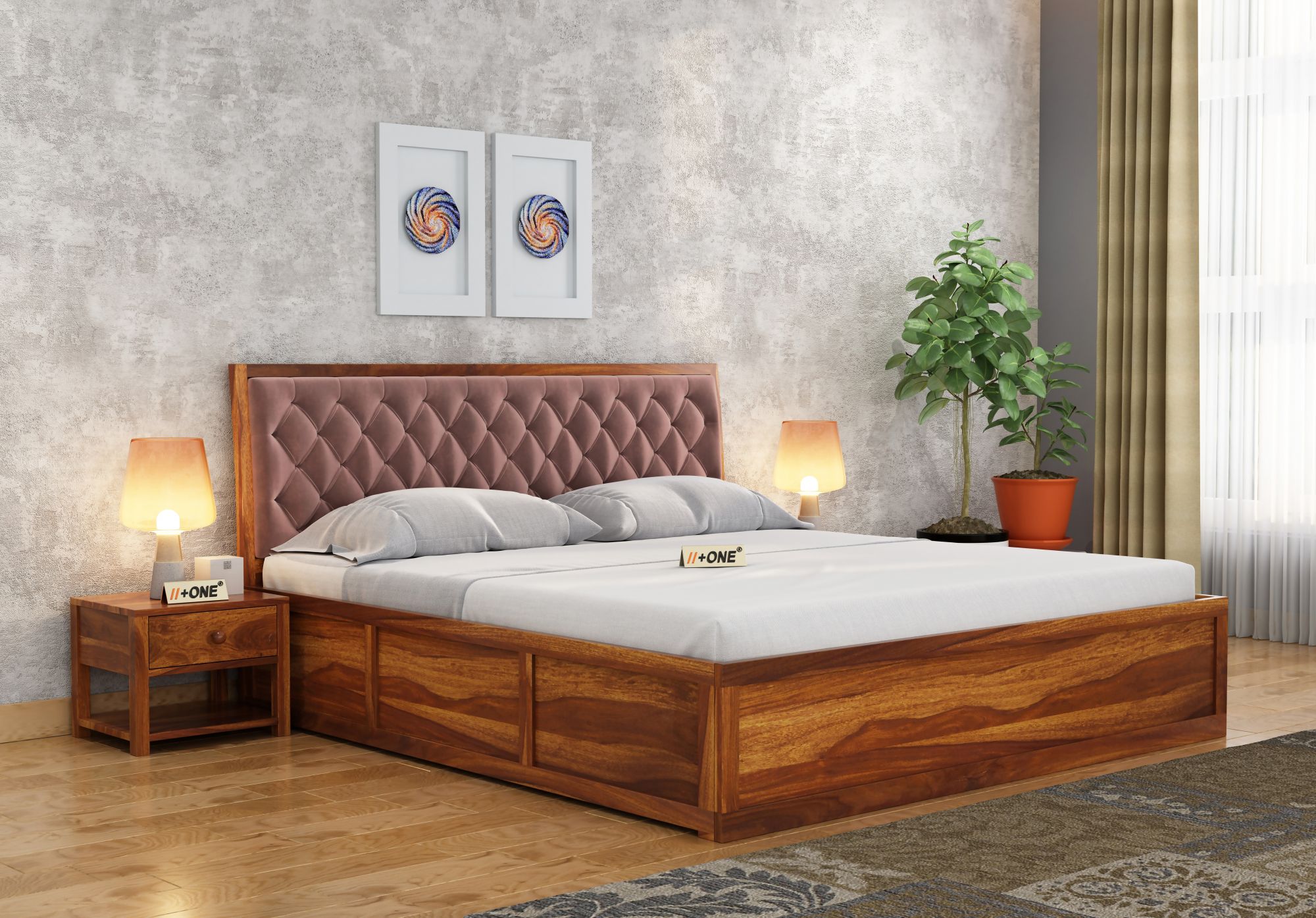 Aria Cushioned Rose Dust Bed With Hydraulic Storage