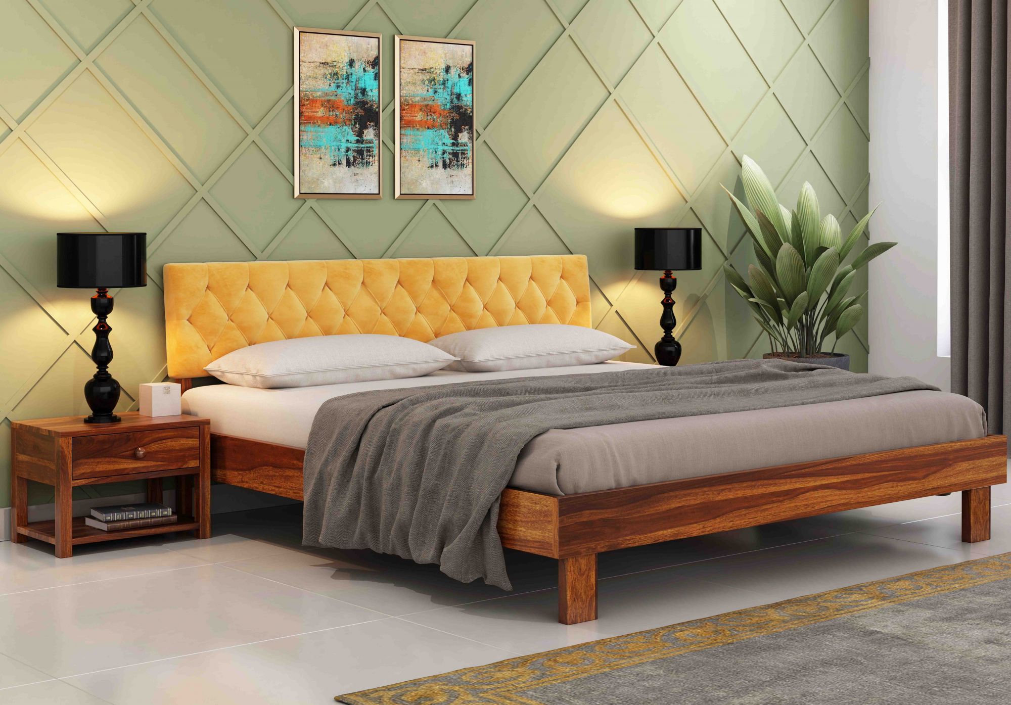 Rota Yellow Sheesham Wood Bed Without Storage