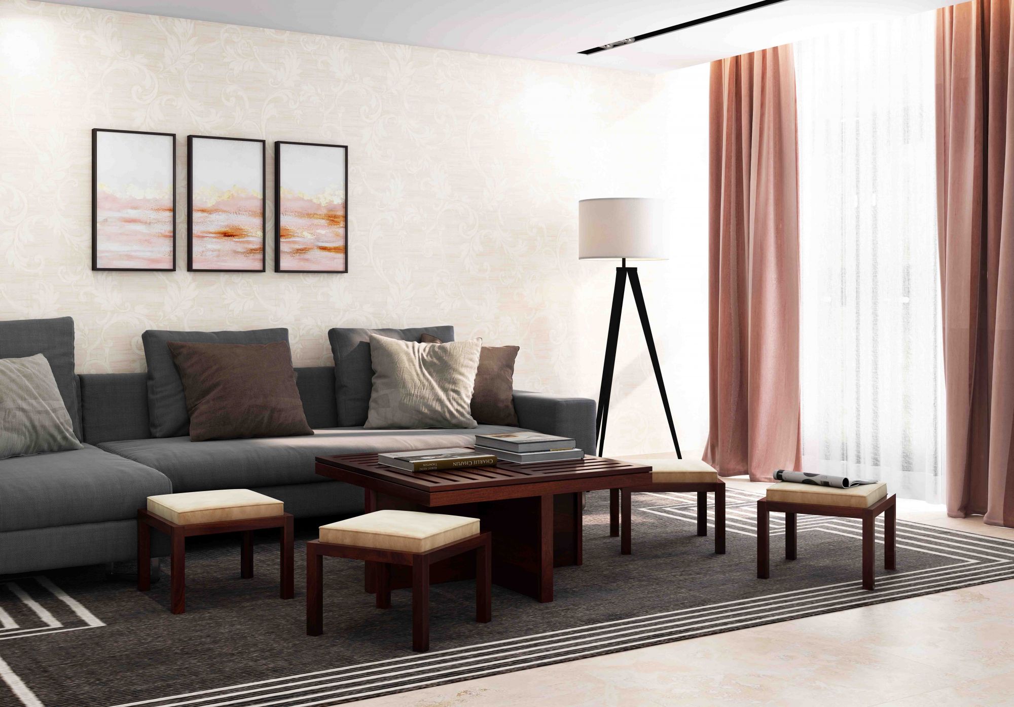 Grande Sheesham Wood Coffee Table with 4 Stools