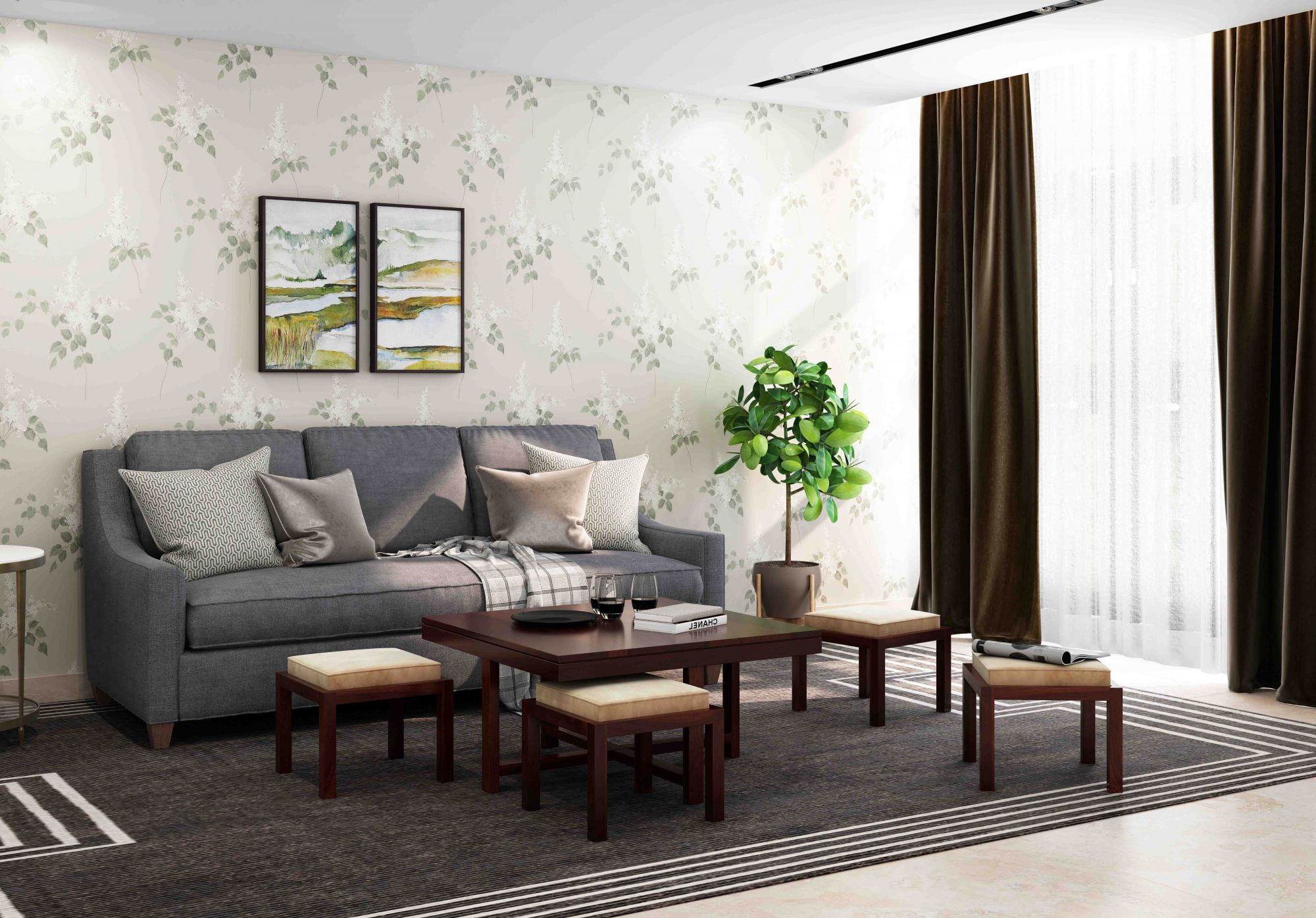 Timor Sheesham Wood Coffee Table with 4 Stools