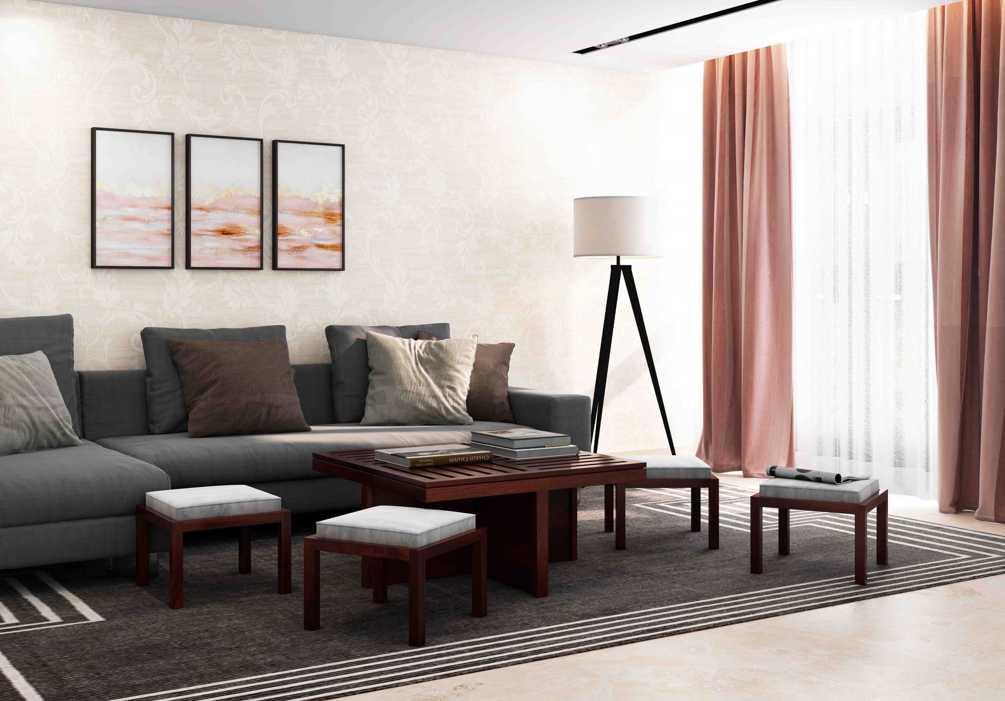 Grande Sheesham Wood Coffee Table with 4 Stools