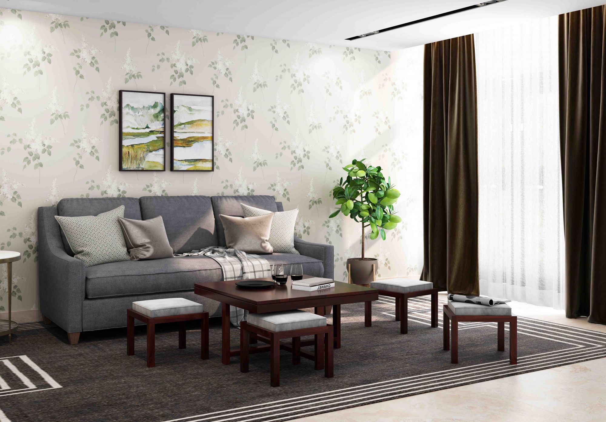 Timor Sheesham Wood Coffee Table with 4 Stools