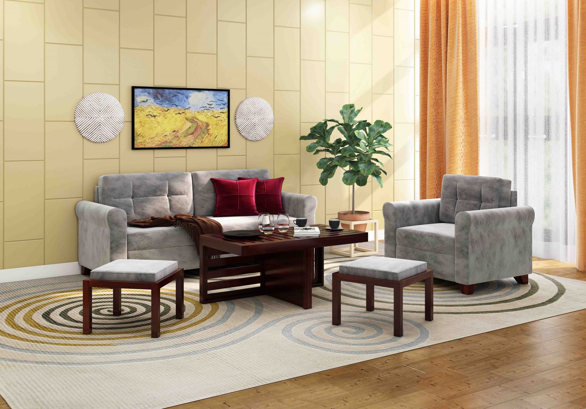 Marina 2 stool coffee table Walnut beige