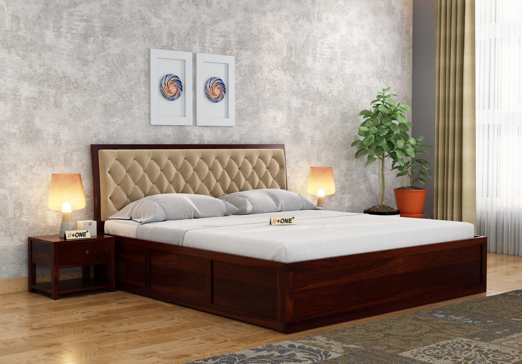 Aria Cushioned Husk Bed With Hydraulic Storage