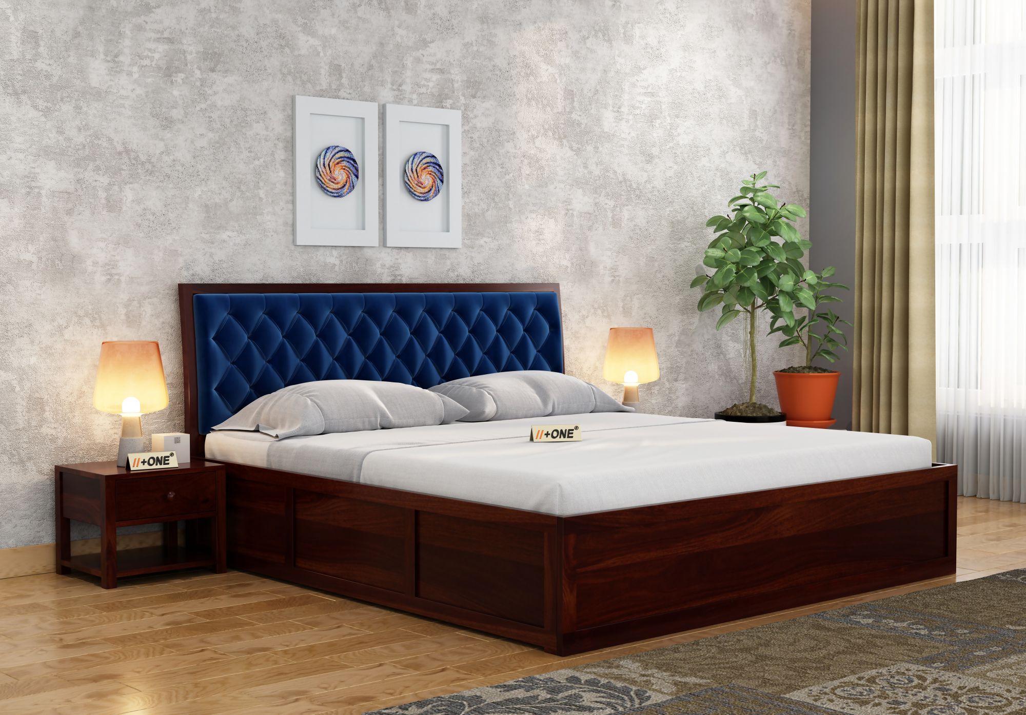 Aria Cushioned Indigo Blue Bed With Hydraulic Storage