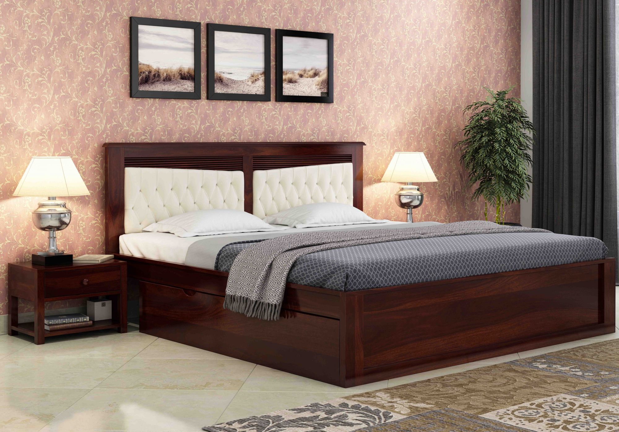 Spanish Sheesham Wood Bed With Side Storage