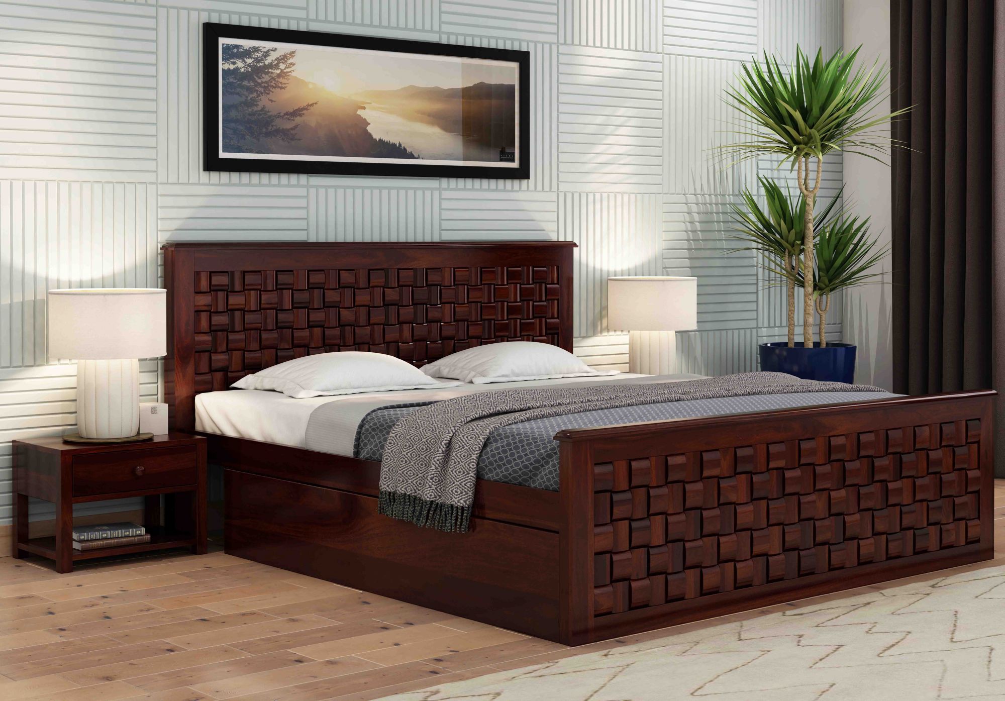 Flamingo Sheesham Wood Bed With Side Drawer