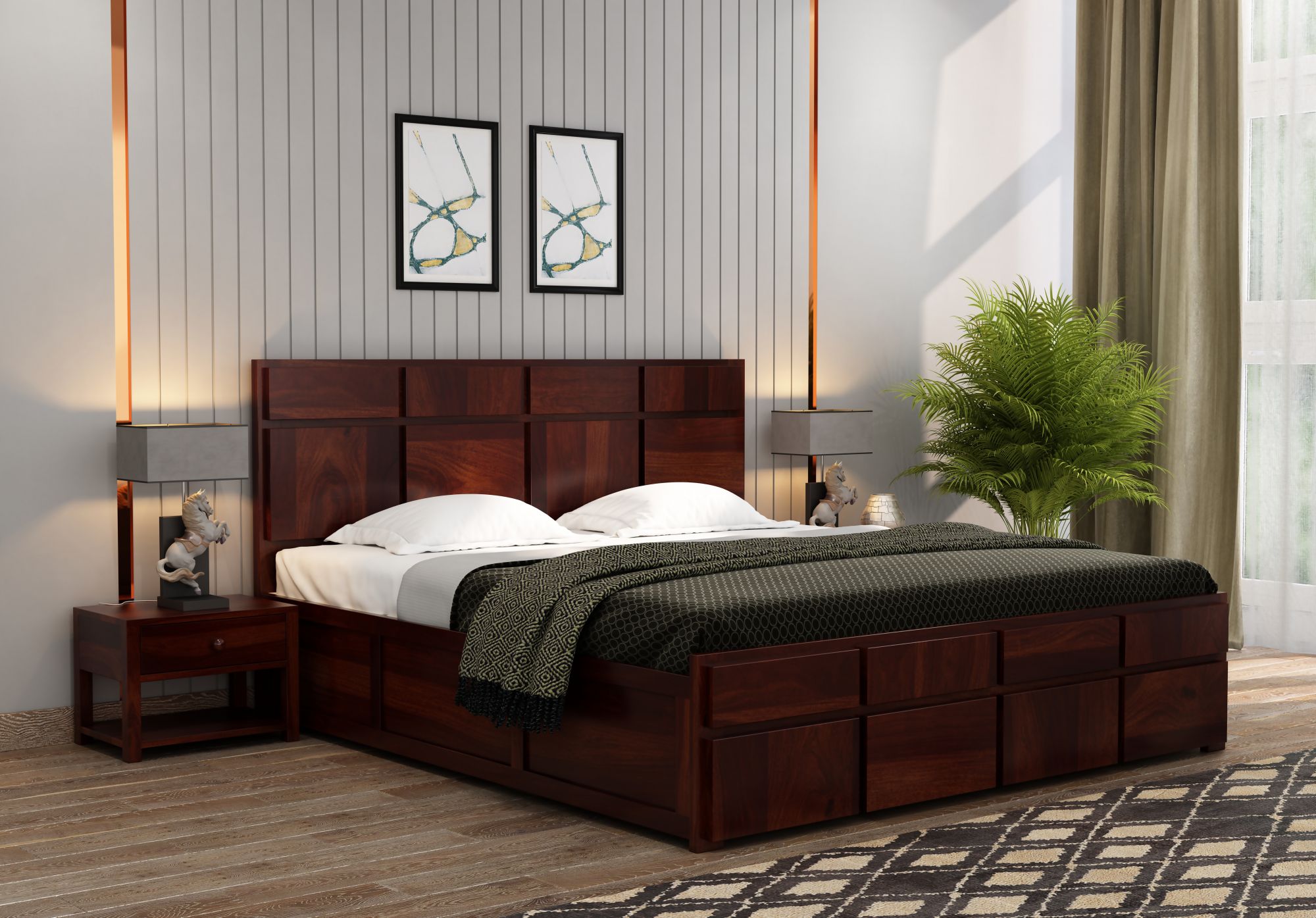 Andrott Bed with Box Storage Queen Size Walnut Finish