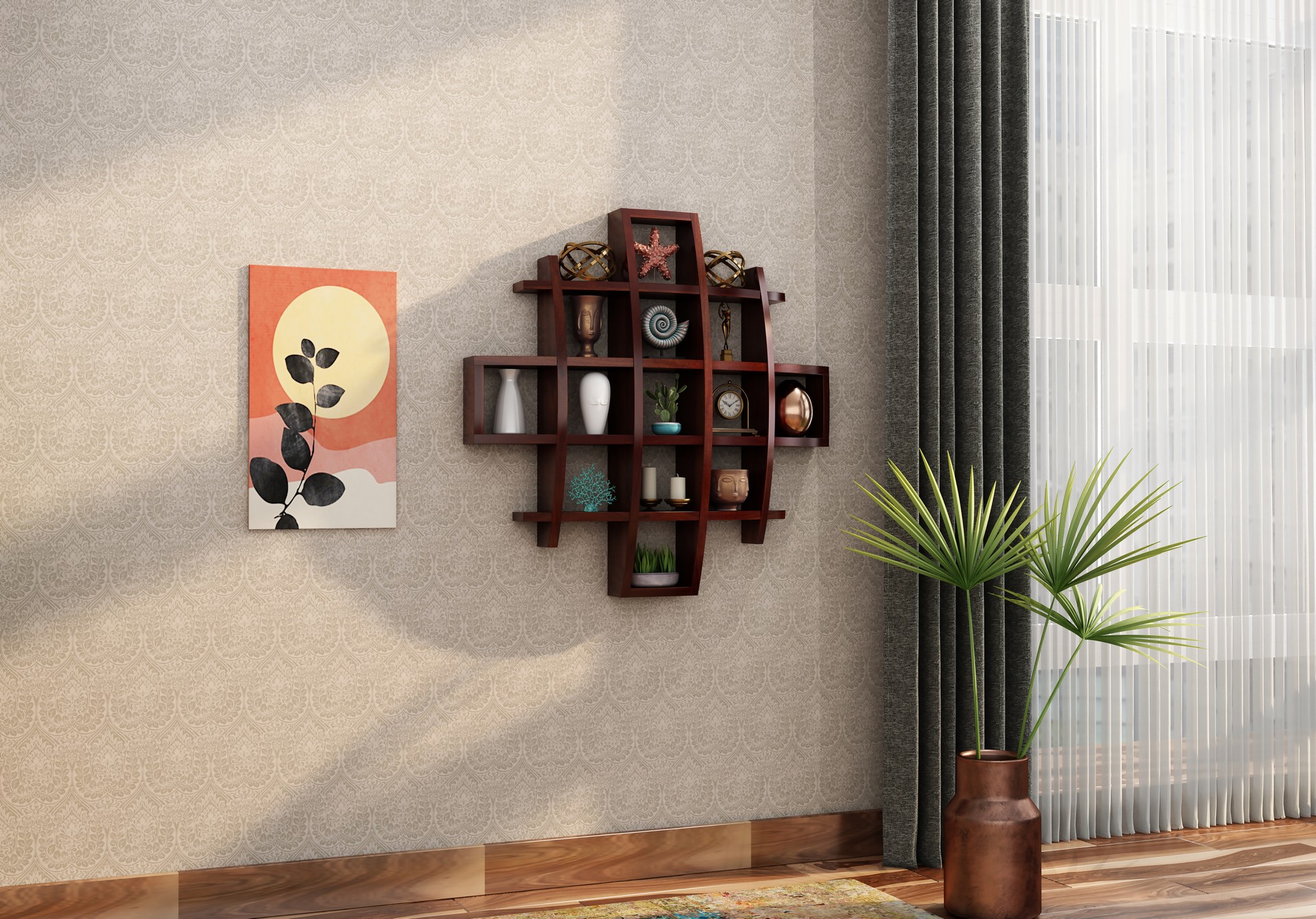 Femo Sheesham Wood Wall Shelves Teak finish