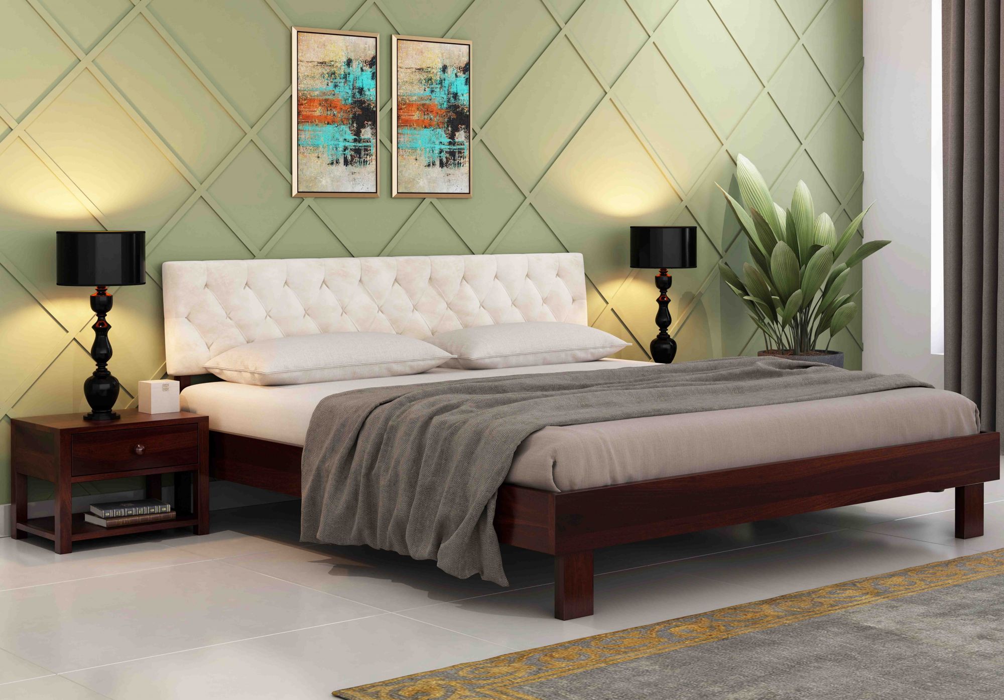 Rota Cream Sheesham Wood Bed Without Storage