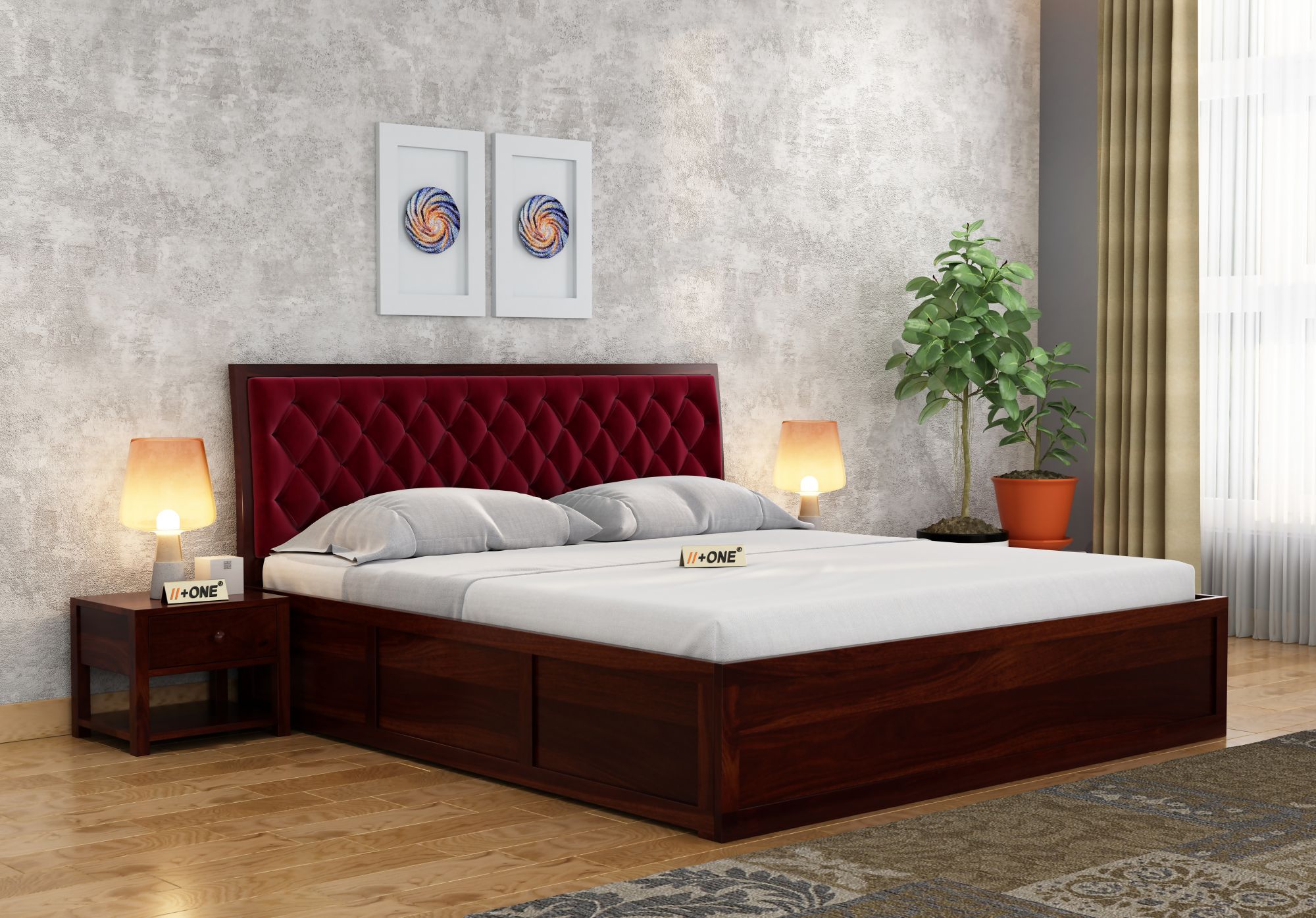 Aria Cushioned Pomegranate Bed With Hydraulic Storage King Size Teak Finish
