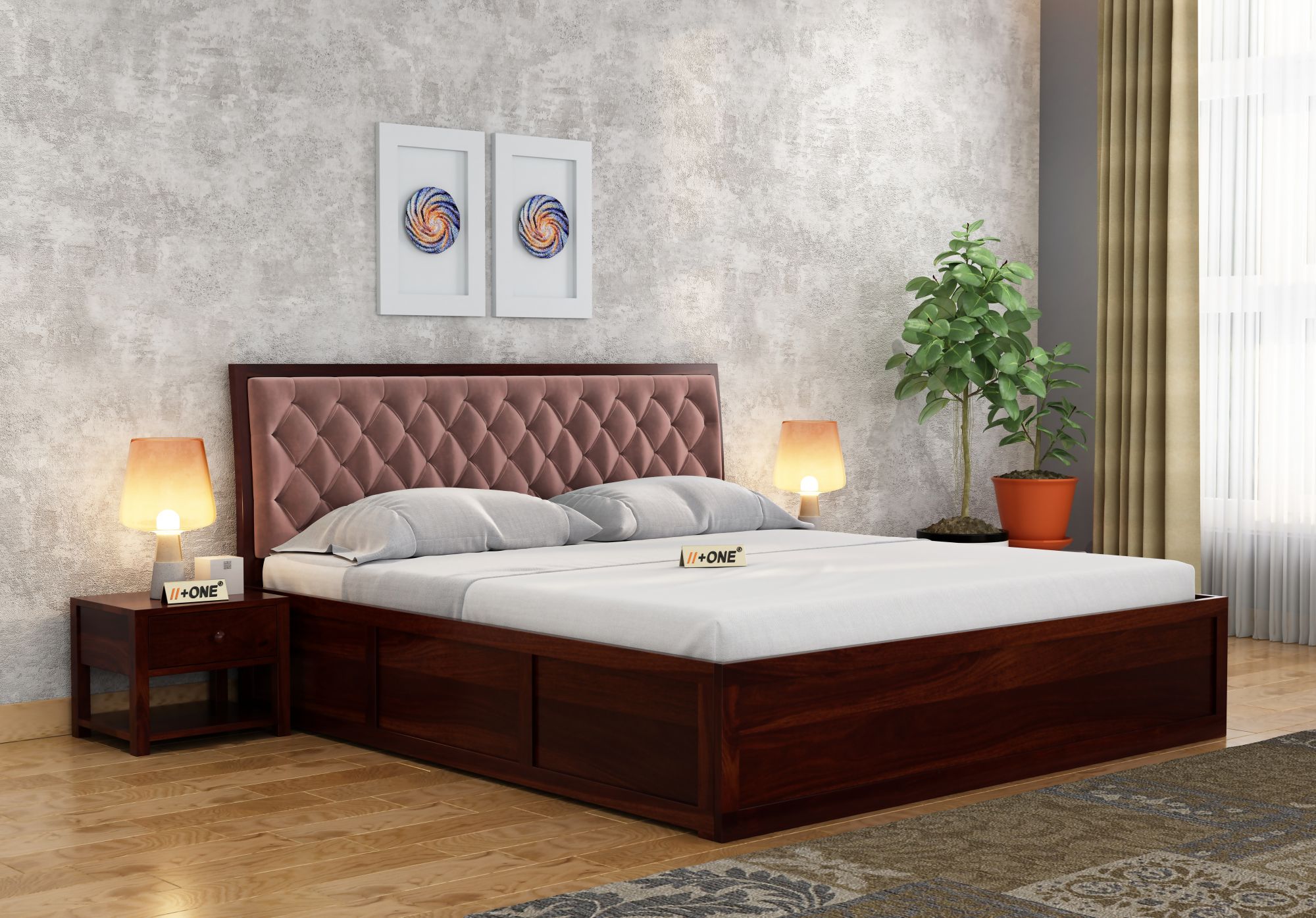 Aria Cushioned Rose Dust Bed With Hydraulic Storage (Queen Size, Walnut ...