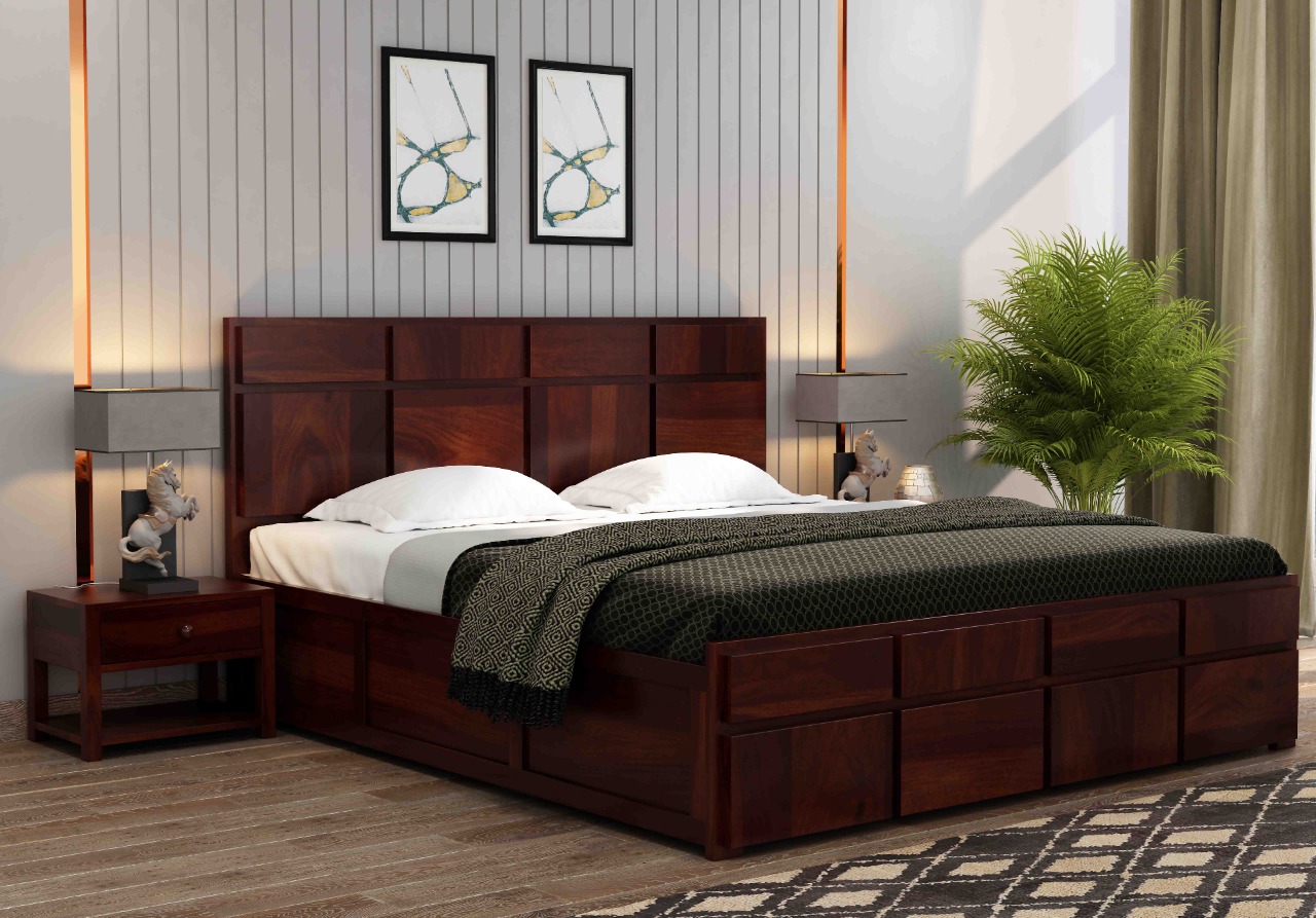 Andrott Bed with Box Storage King Size Walnut Finish