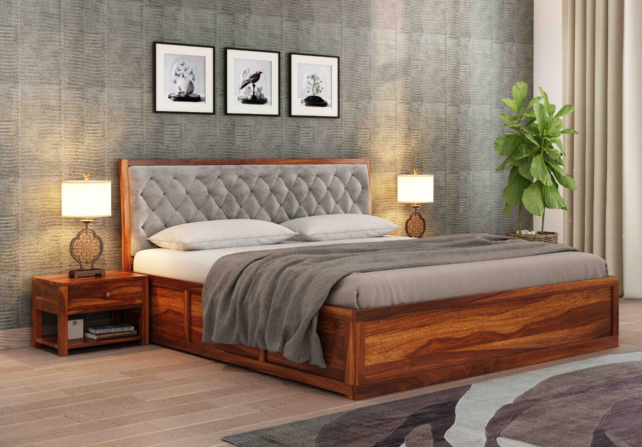 Aria Cushioned Grey Sheesham Wood Bed With Box Storage