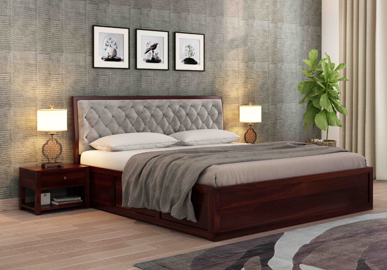 Aria Cushioned Grey Sheesham Wood Bed With Box Storage