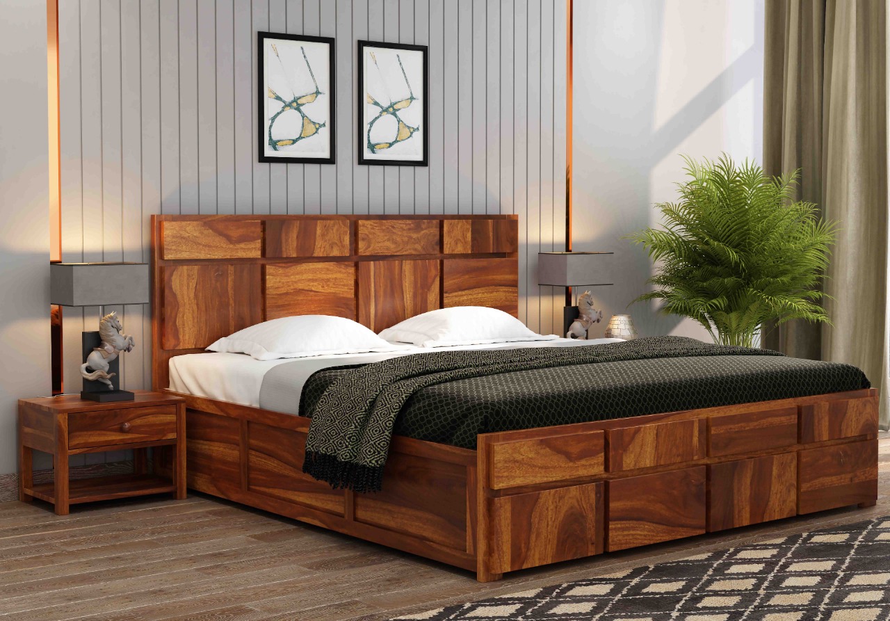 Buy Andrott Sheesham Wood Bed with Box Storage (King Size, Teak ...