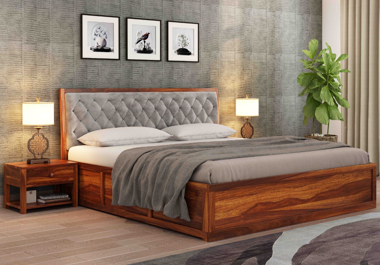 Aria Cushioned Grey Sheesham Wood Bed With Box Storage