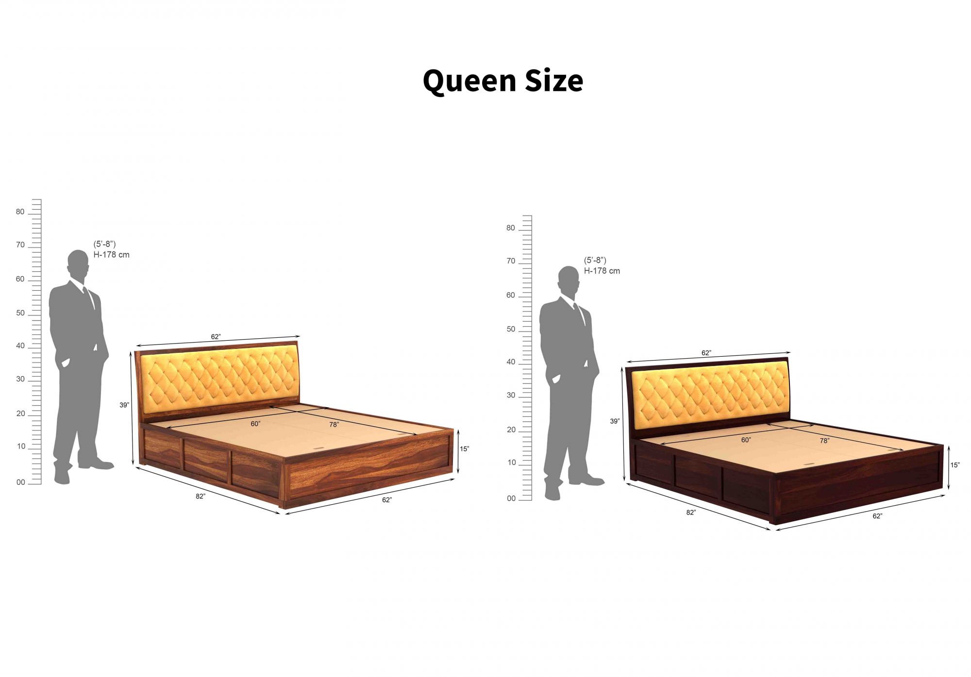 Aria Cushioned Yellow Sheesham Wood Bed With Box Storage