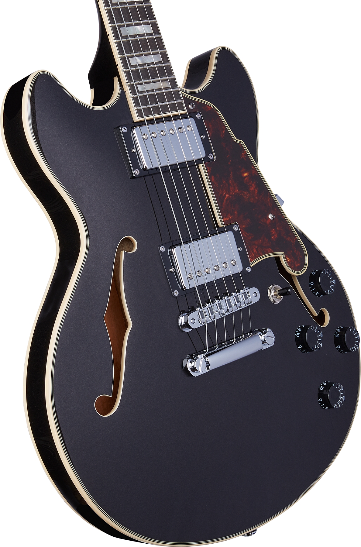 D'Angelico DAPMINIDCBLFCS Hollow Premier MINI DC Stopbar Black Flake Electric Guitar