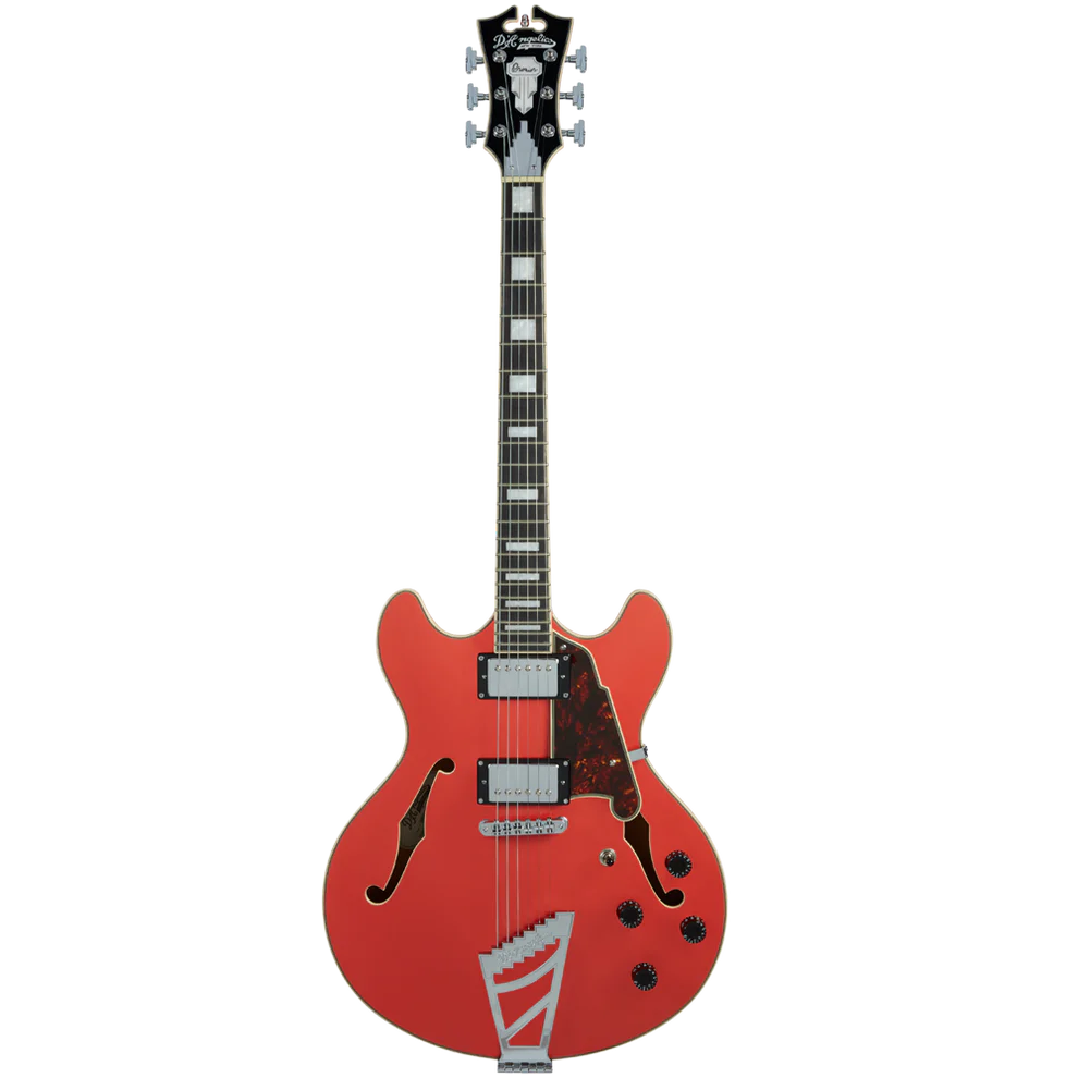 D'Angelico DAPSSFRCSCB Hollow Premier SS Stopbar Fiesta Red Electric Guitar