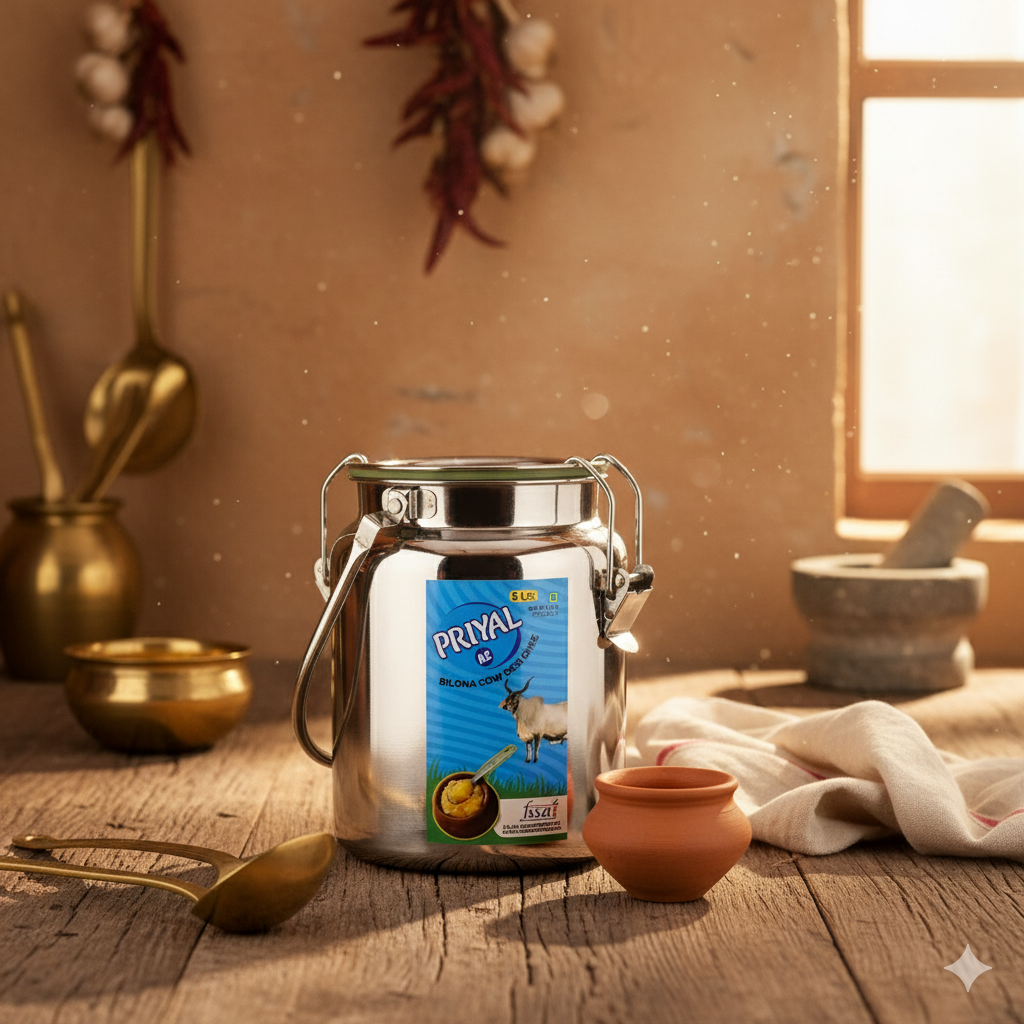 PRIYAL A2 Cow Bilona Desi Ghee Steel Kettle 5 Lit