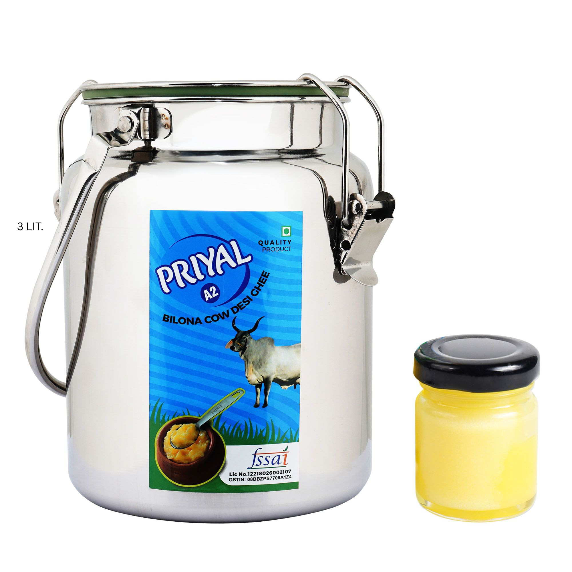 PRIYAL A2 Cow Bilona Desi Ghee Steel Kettle 3 Lit