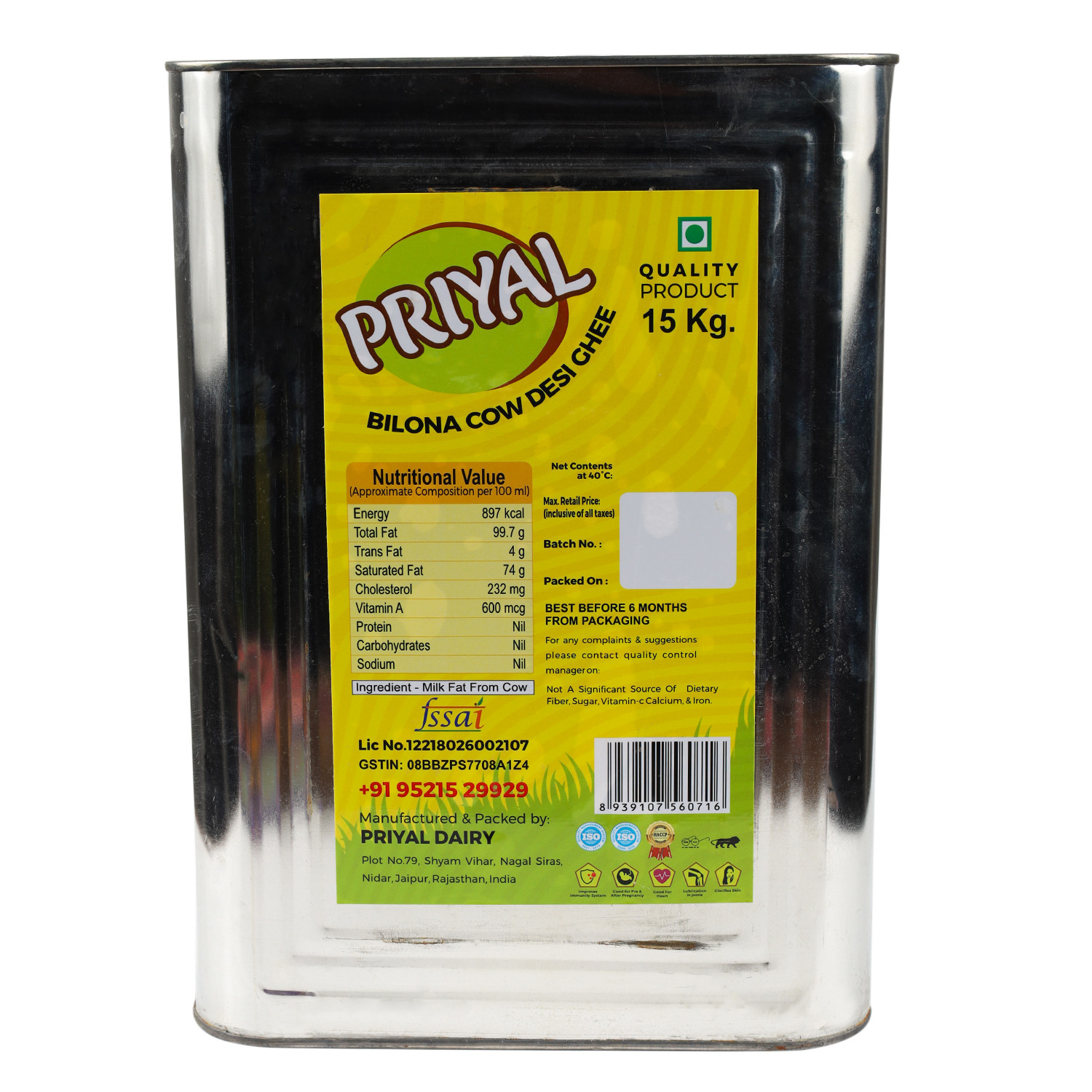 PRIYAL Cow Bilona Desi Ghee 15 Kg Tin 166 Lit
