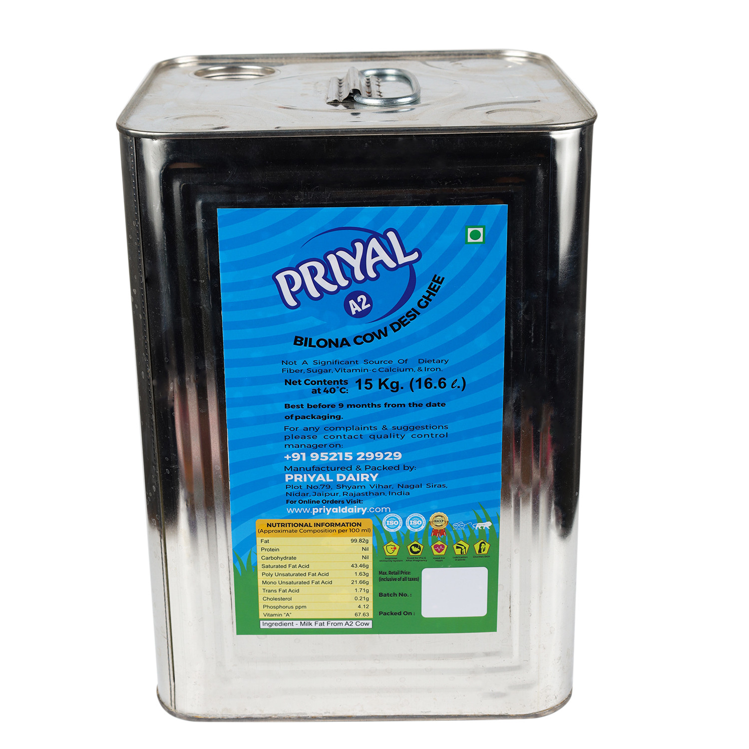 PRIYAL A2 Cow Bilona Desi Ghee 15 Kg Tin 166 Lit