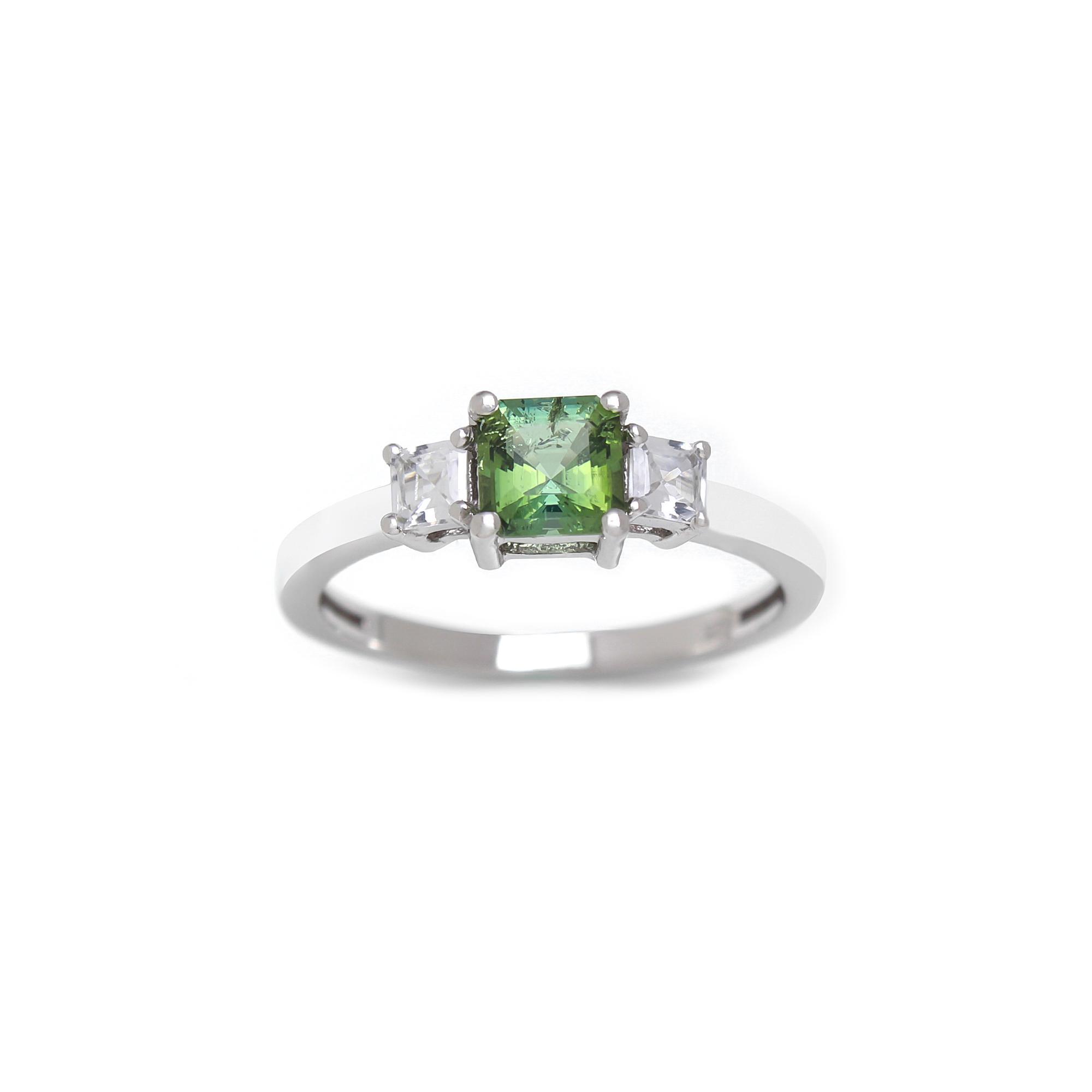 Green Tourmaline Asscher Cut Trilogy Ring
