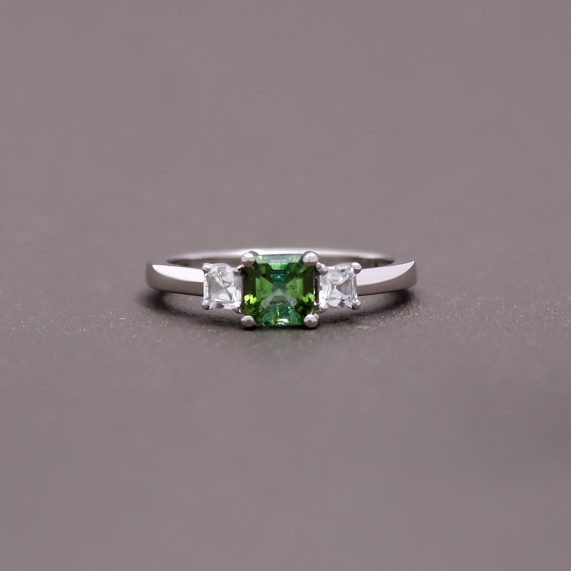 Green Tourmaline Asscher Cut Trilogy Ring