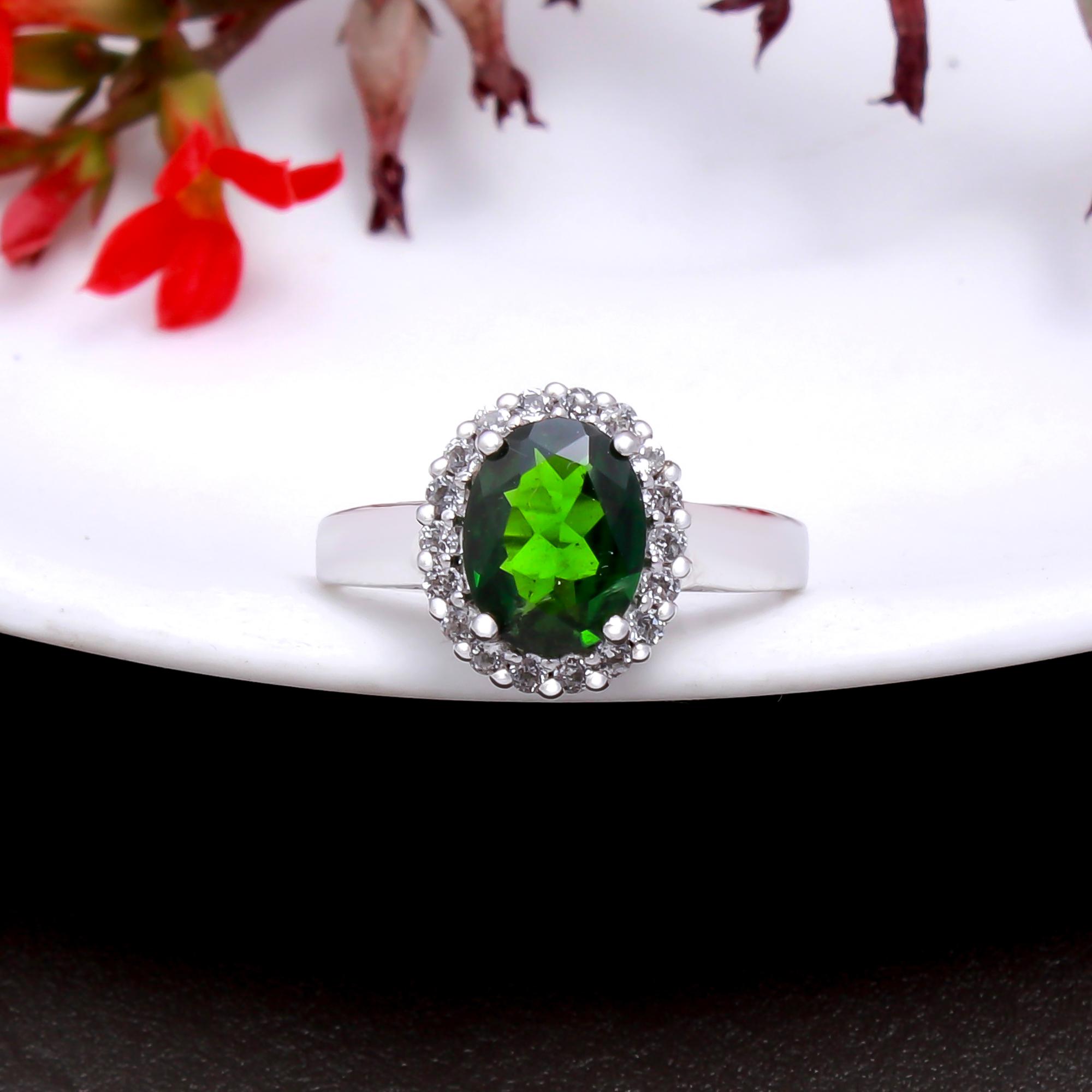 Chrome Diopside Ring With Natural White Zircon