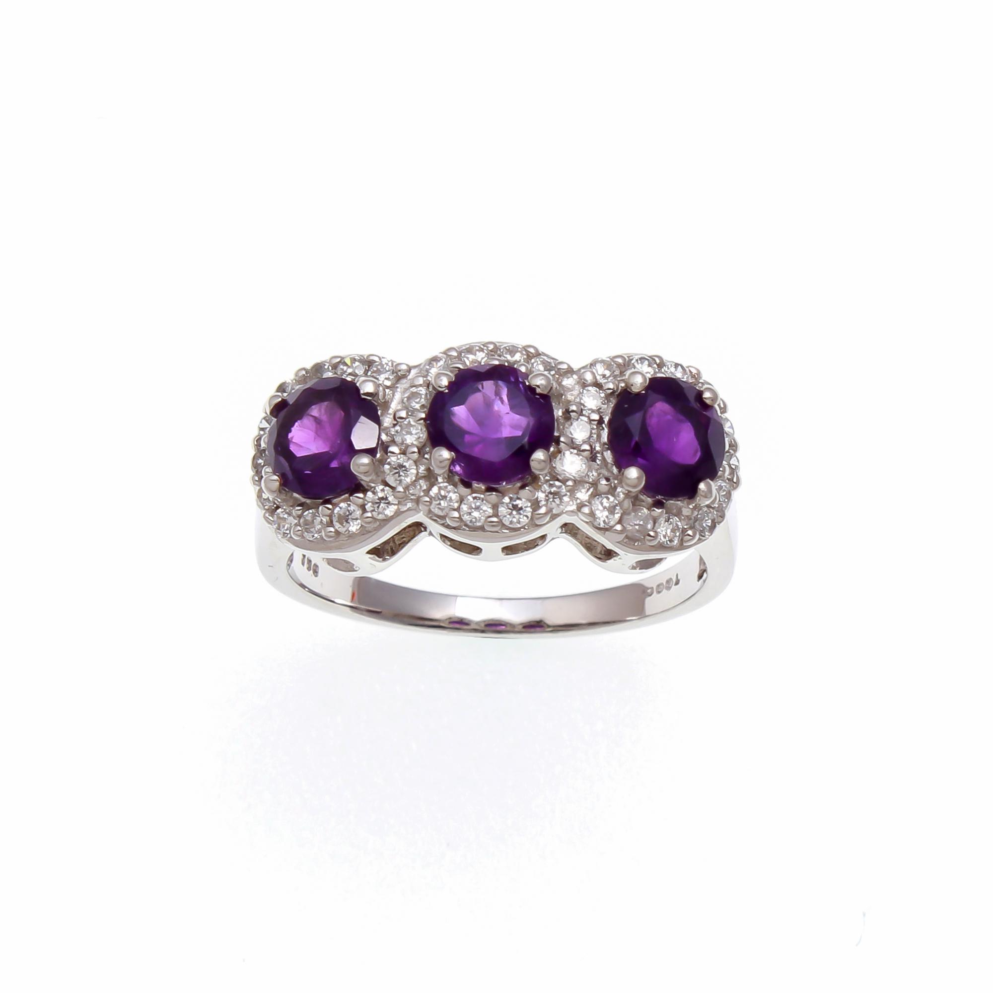 Amethyst Trilogy Ring With Natural White Zircon