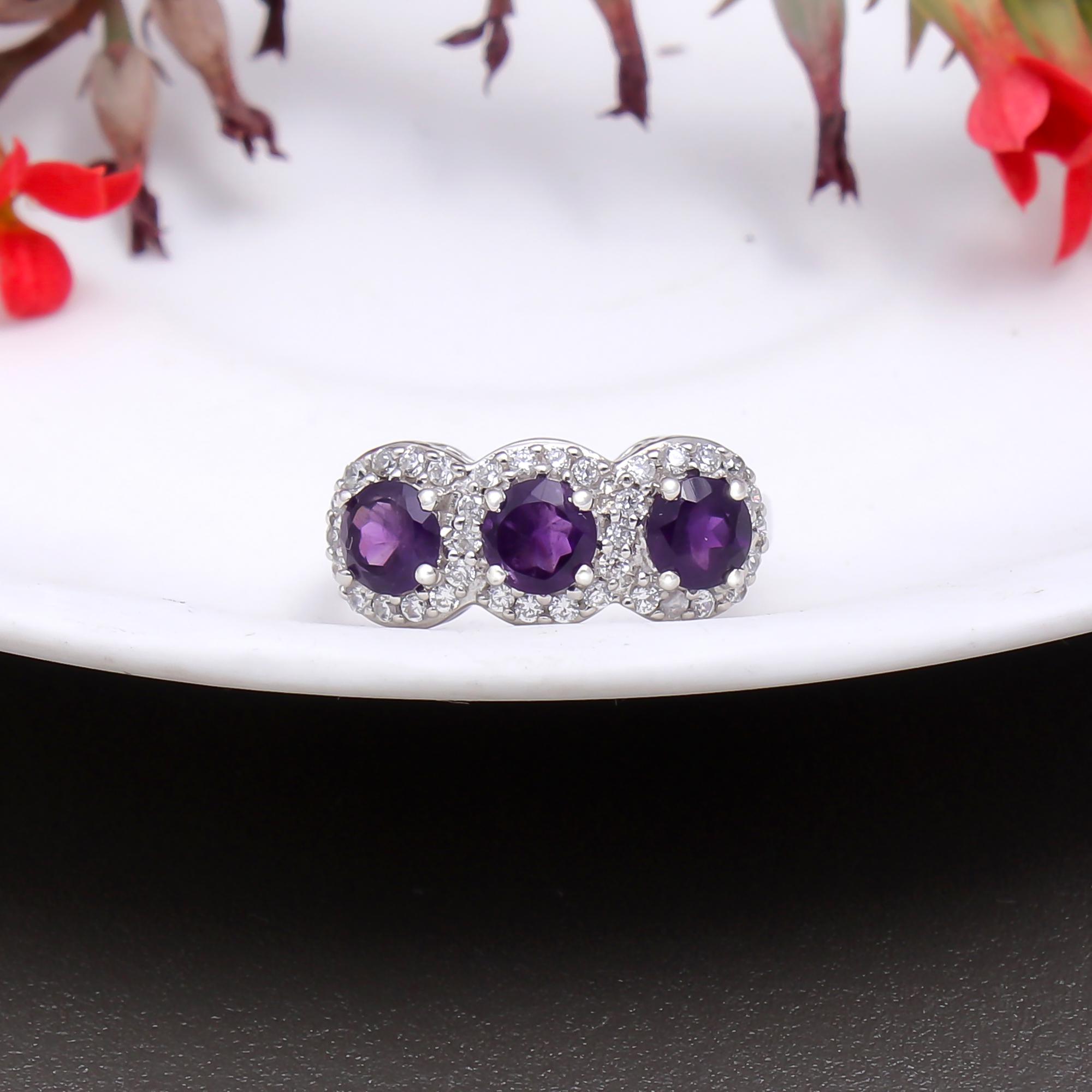 Amethyst Trilogy Ring With Natural White Zircon