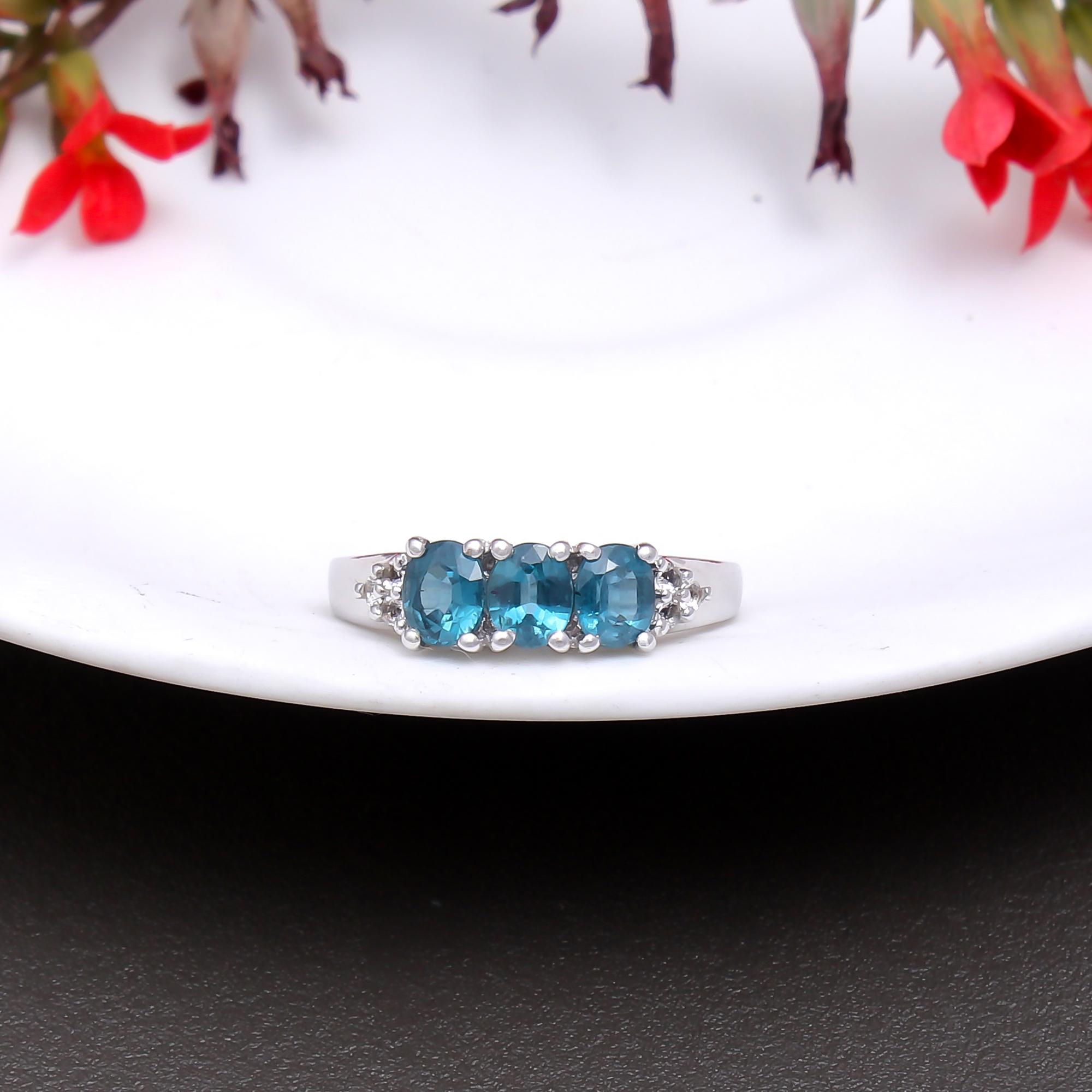 Teal Kyanite Trilogy Ring With Natural White Zircon