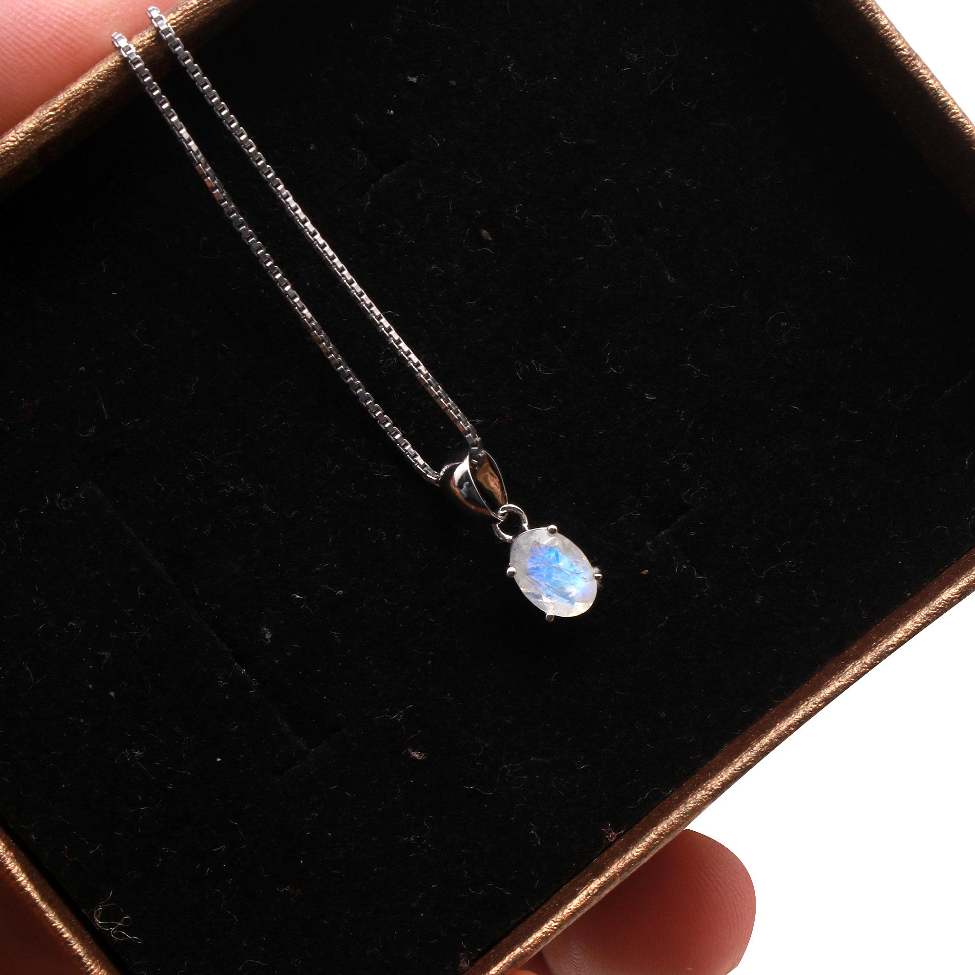 Rainbow Moonstone Solitaire Pendant With Chain