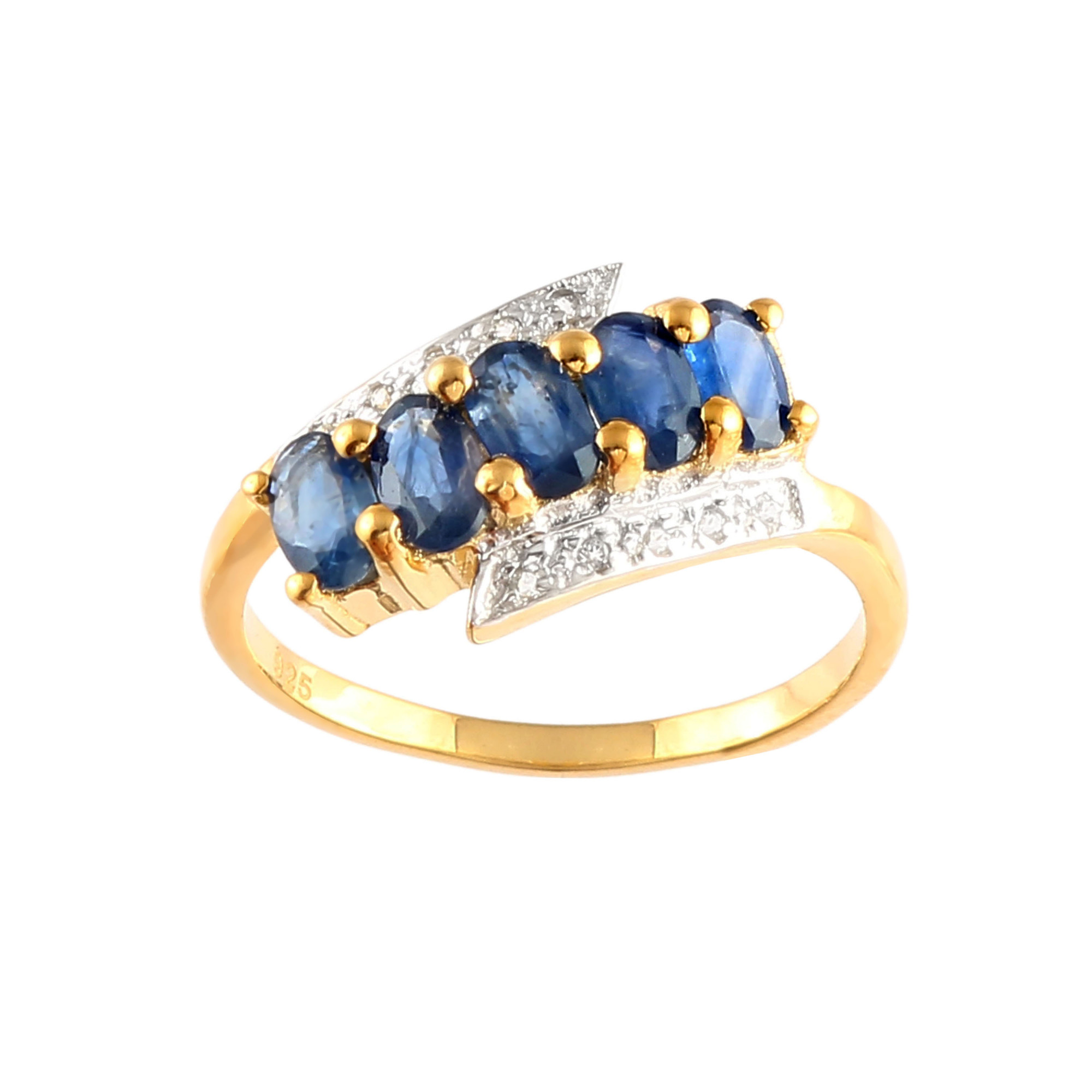 Five Stone Blue Sapphire Ring With Natural White Zircon