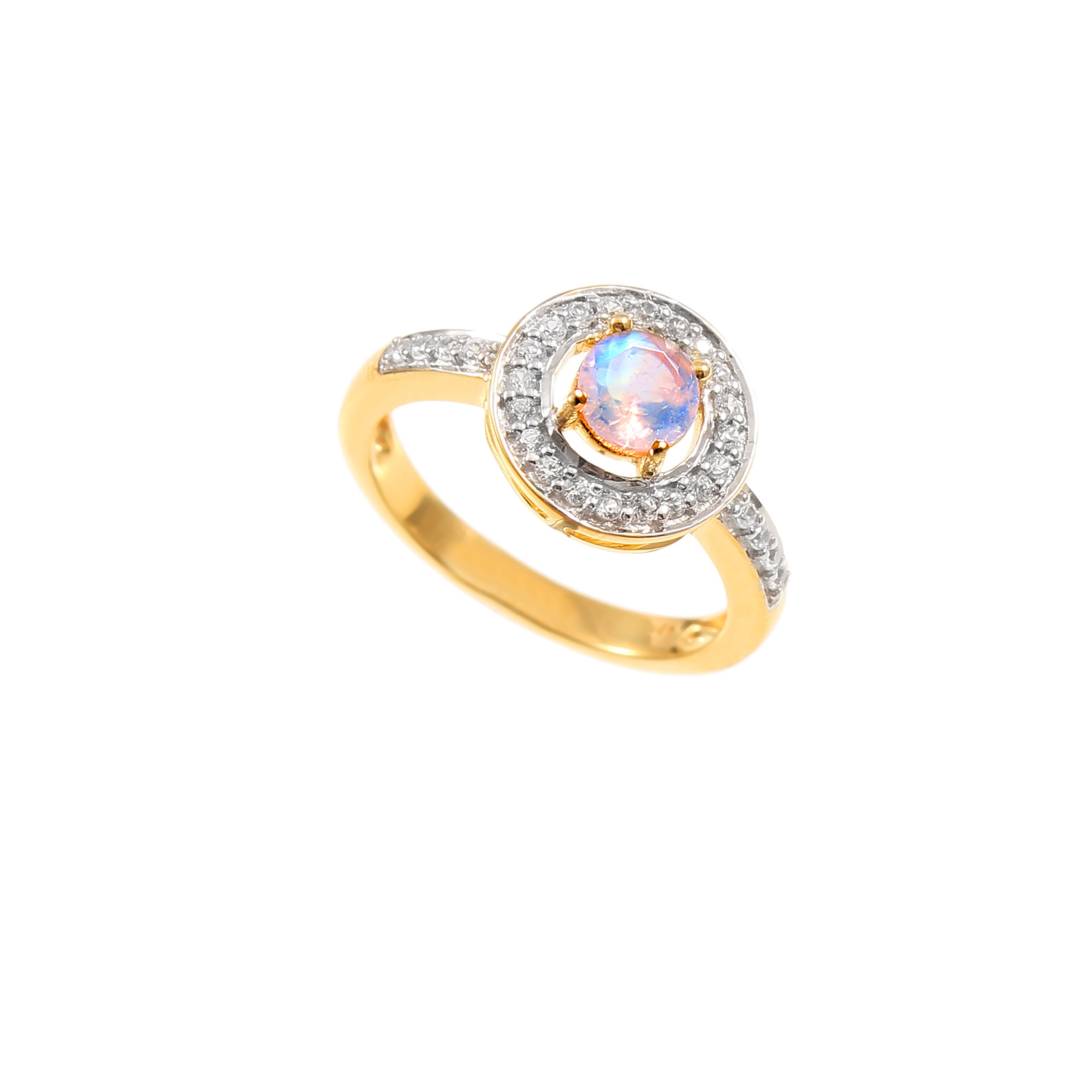 Rainbow Moonstone Halo Engagement Ring With Natural White Zircons