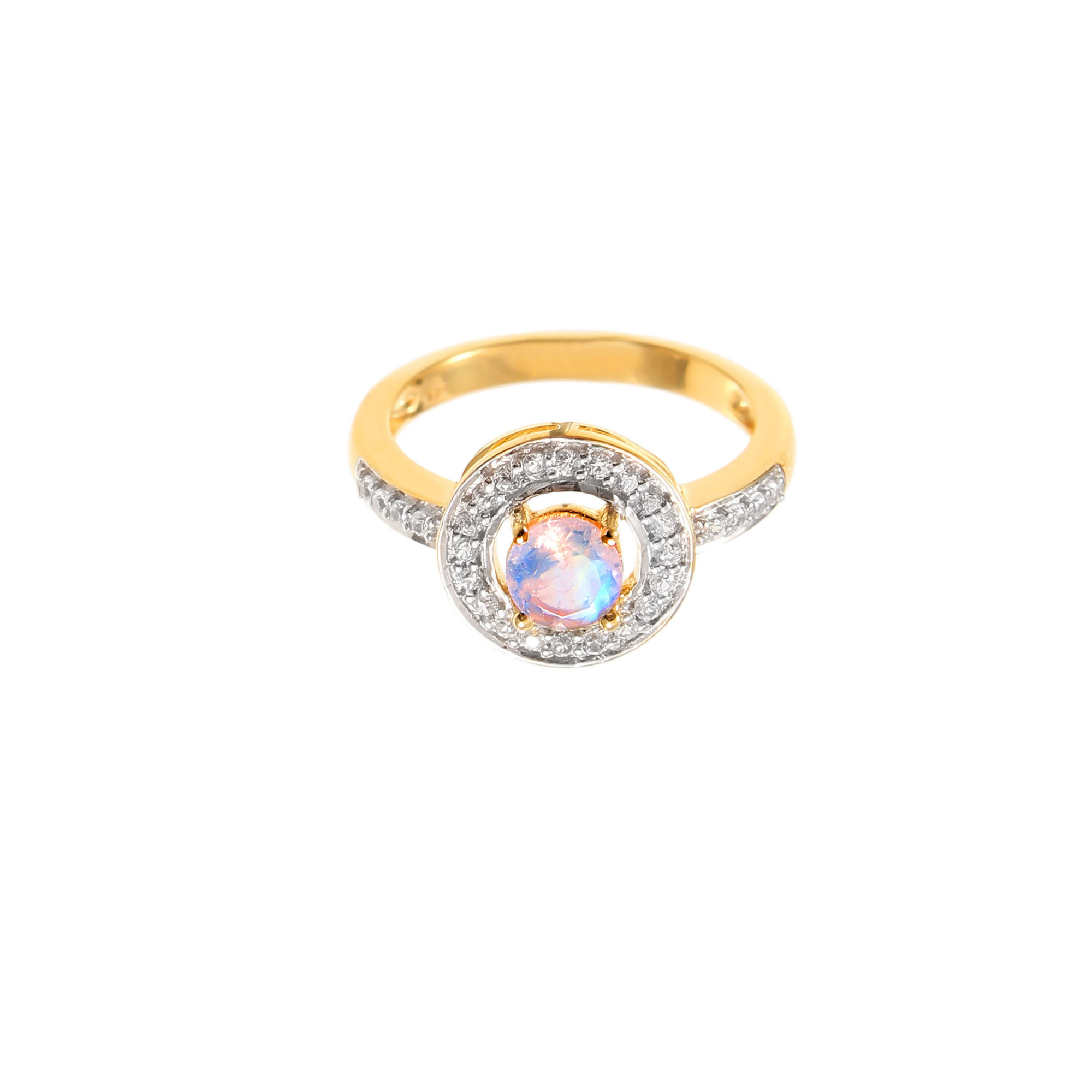 Rainbow Moonstone Halo Engagement Ring With Natural White Zircons