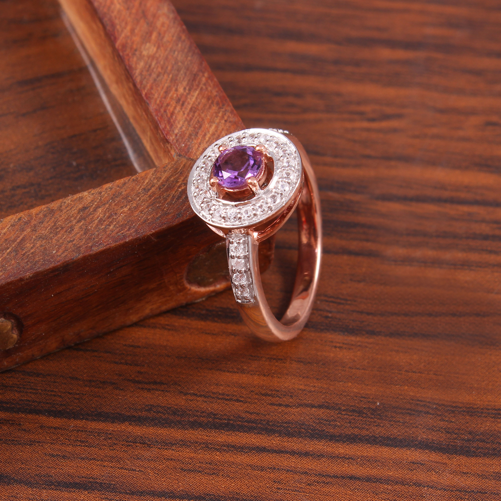 Amethyst Halo Engagement Ring With Natural White Zircon