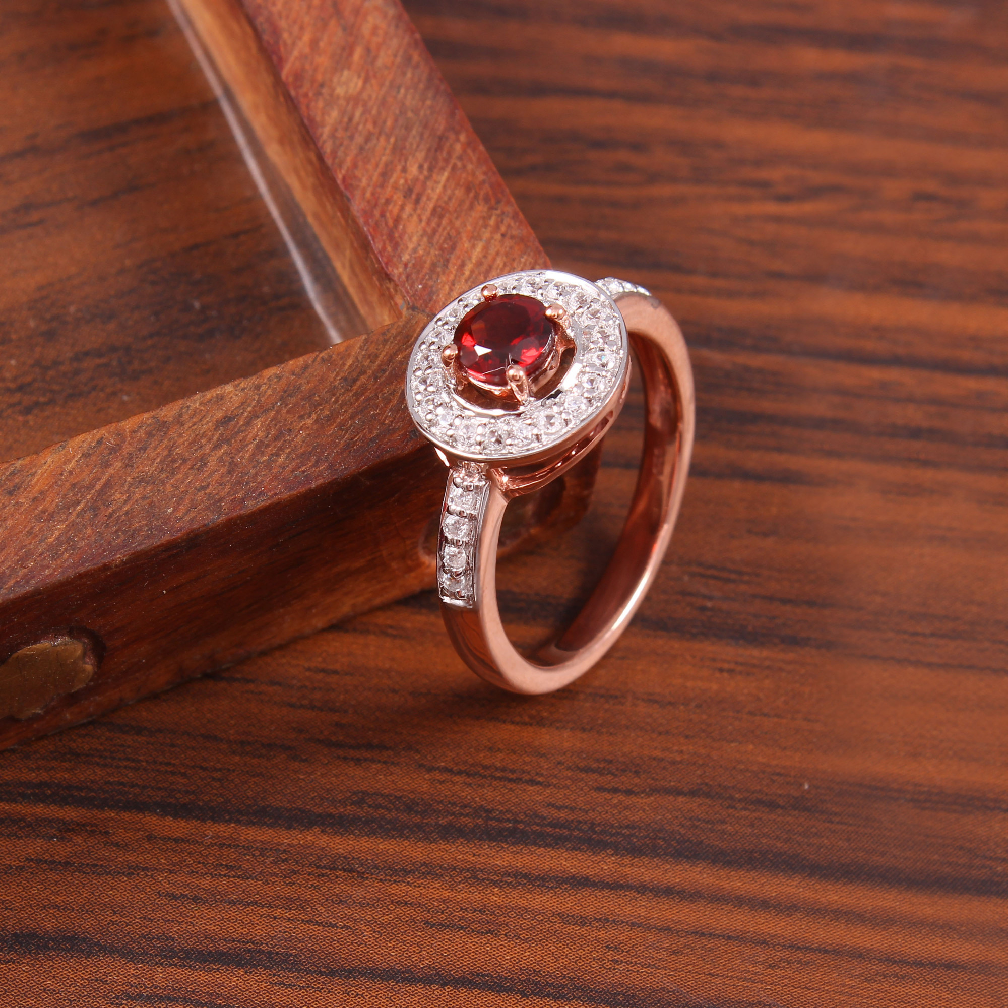 Red Garnet Halo Engagement Ring With Natural White Zircon